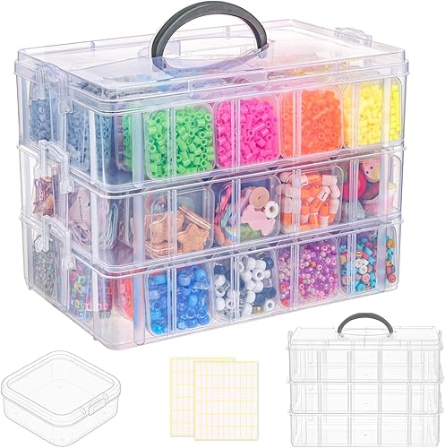 Miniatura 8 de SGHUO Caja de almacenamiento apilable de 3 niveles con divisores - 30 compartimentos, organizadores de cuentas para almacenamiento de manualidades