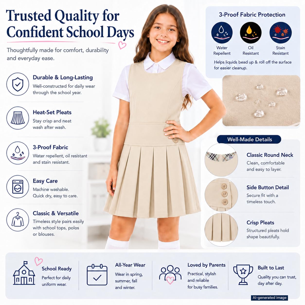 Bienzoe Jersey de uniforme escolar para niñas: vestido elástico plisado duradero para niños hasta la rodilla sin mangas