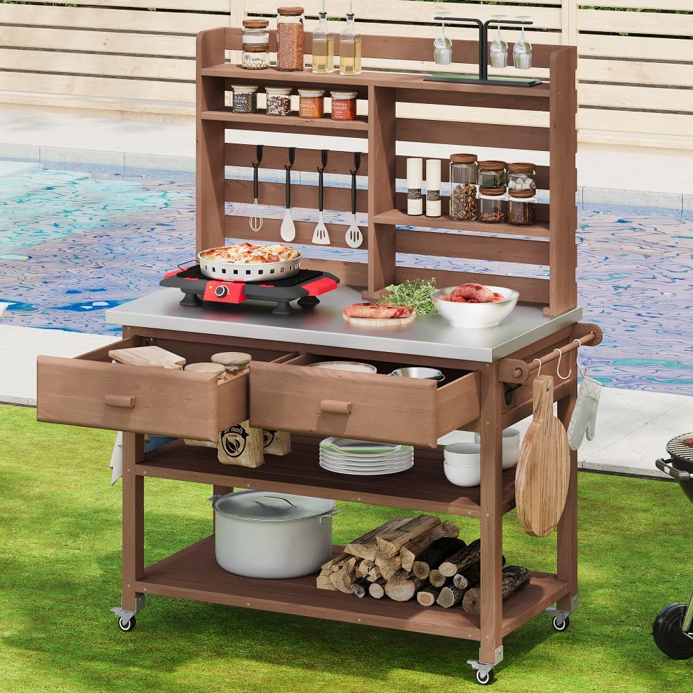 Outdoor Potting Bench Table with Lockable Wheels and Stainless Steel Top for Gardening, Grilling, Lawn Care