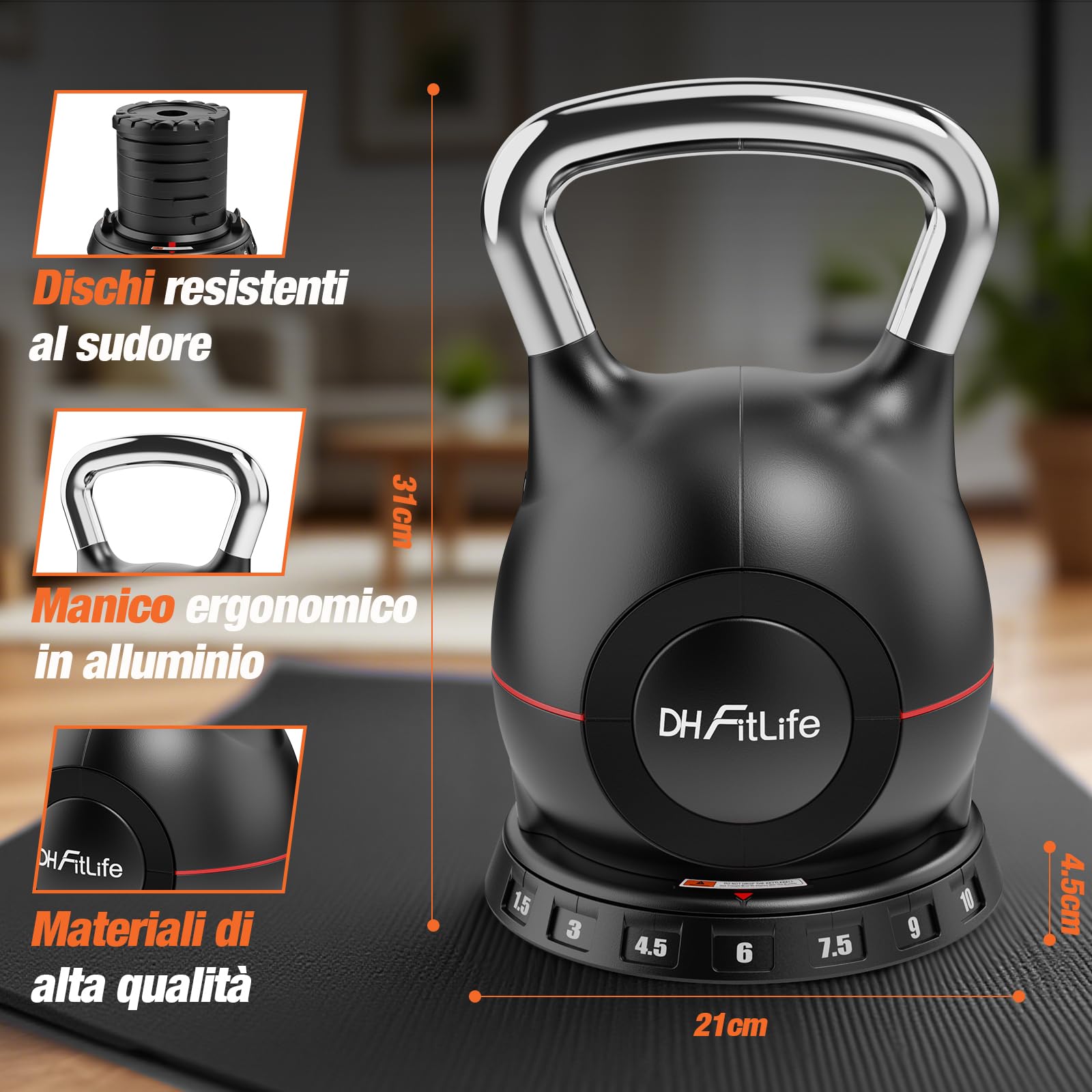 DH FitLife Kettlebell Regolabile 7 in 1 (1,5-10 kg) | Kettlebell con 7 Livelli di Peso | Manubrio per Allenamento a Casa & Fitness | Ideale per Allenamento Completo del Corpo | Compatto & Salvaspazio