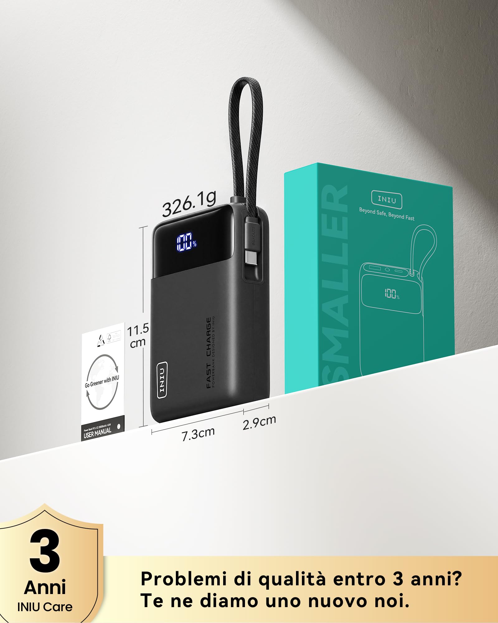 INIU Power Bank, Piccolo 45W Ricarica Rapida 20000mAh Powerbank con Cavo USB C Integrati, Sicuro in Aereo, Essenziale da Viaggio, Caricatore Portatile per iPhone 17 16 Pro, Xiaomi, Samsung, iPad ecc