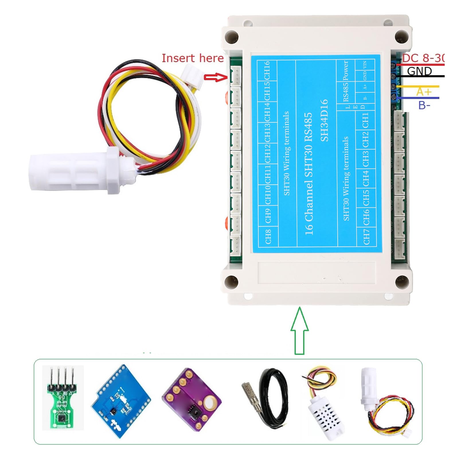 Módulo de Sensor de Humedad y Temperatura , Placa de Control de Colector de 16 Canales CC de 8 a 30 V, Componente Electrónico, Monitoreo Compacto y Estable para Usuarios Industriales RTU
