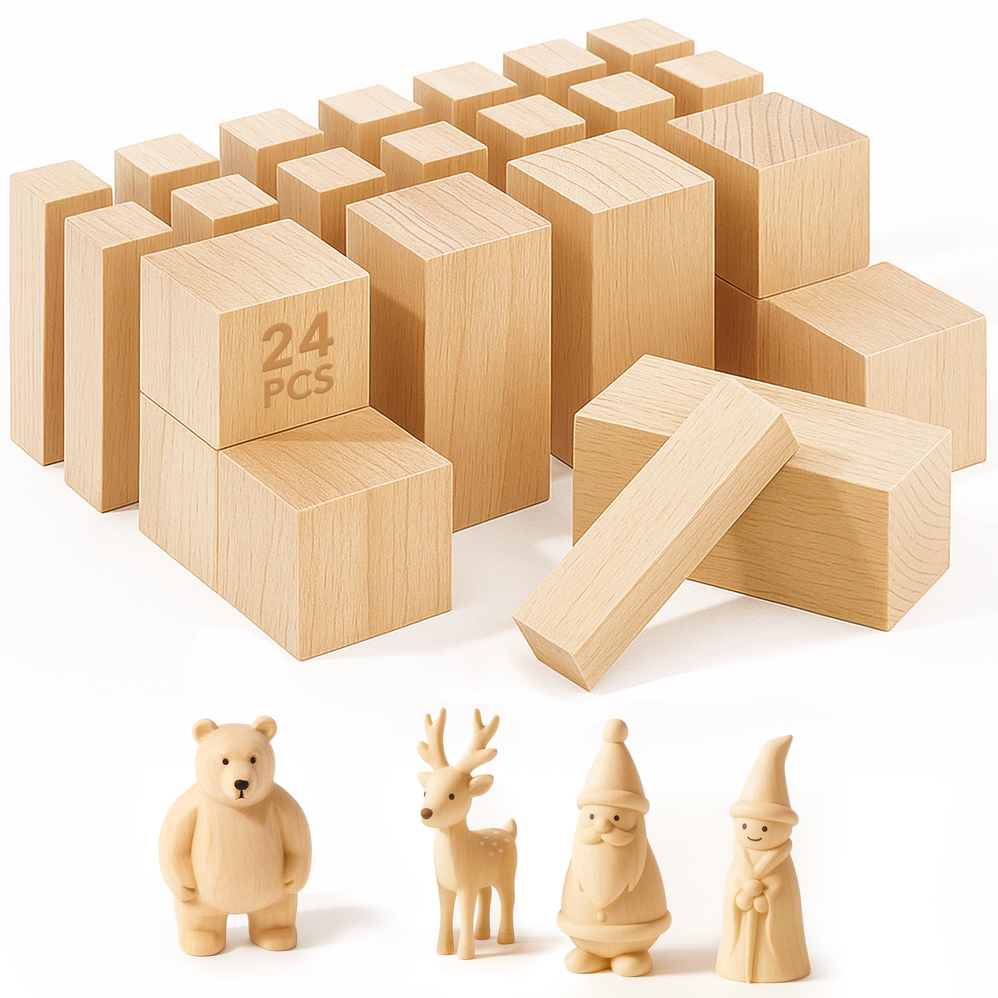 24-Pack Basswood Wood Block for Craft: Multi-Size Soft Carving Wooden Blocks for Whittling Craft Projects and Model Making Unfinished Carving Wood Kit Fit DIY Enthusiasts and Art Students