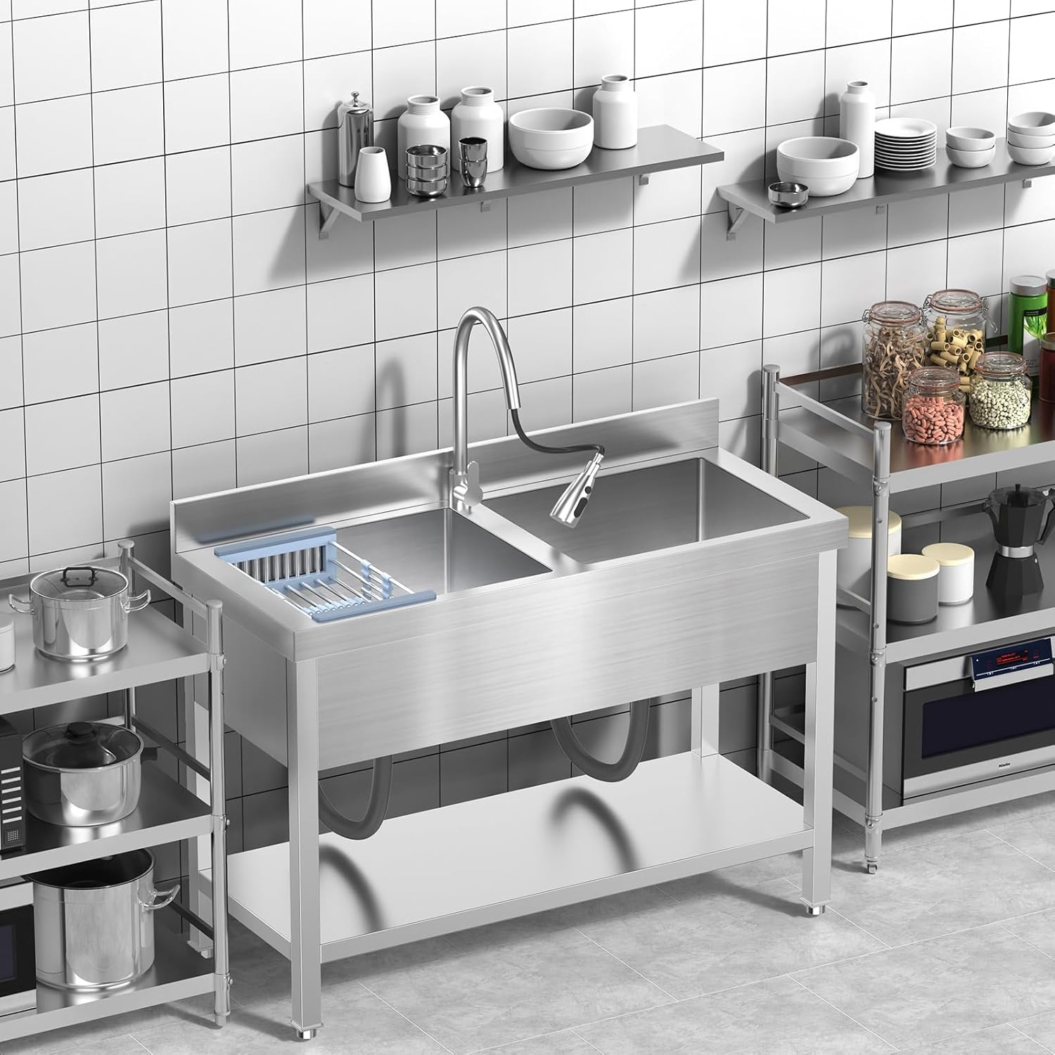47Inch Stainless Steel Utility Sink 2-Compartment Commercial Sink with Pull-out Faucet, Free Standing Double Bowl Kitchen Sink for Restaurant, Garage, Shop, Cafe