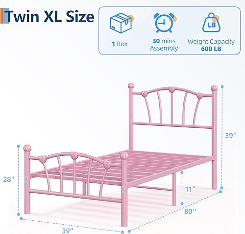 Miniatura 2 de GarveeHome Marco de cama tamaño individual XL, marco de cama de metal en forma de corazón con cabecera y estribo, marco de cama de plataforma con