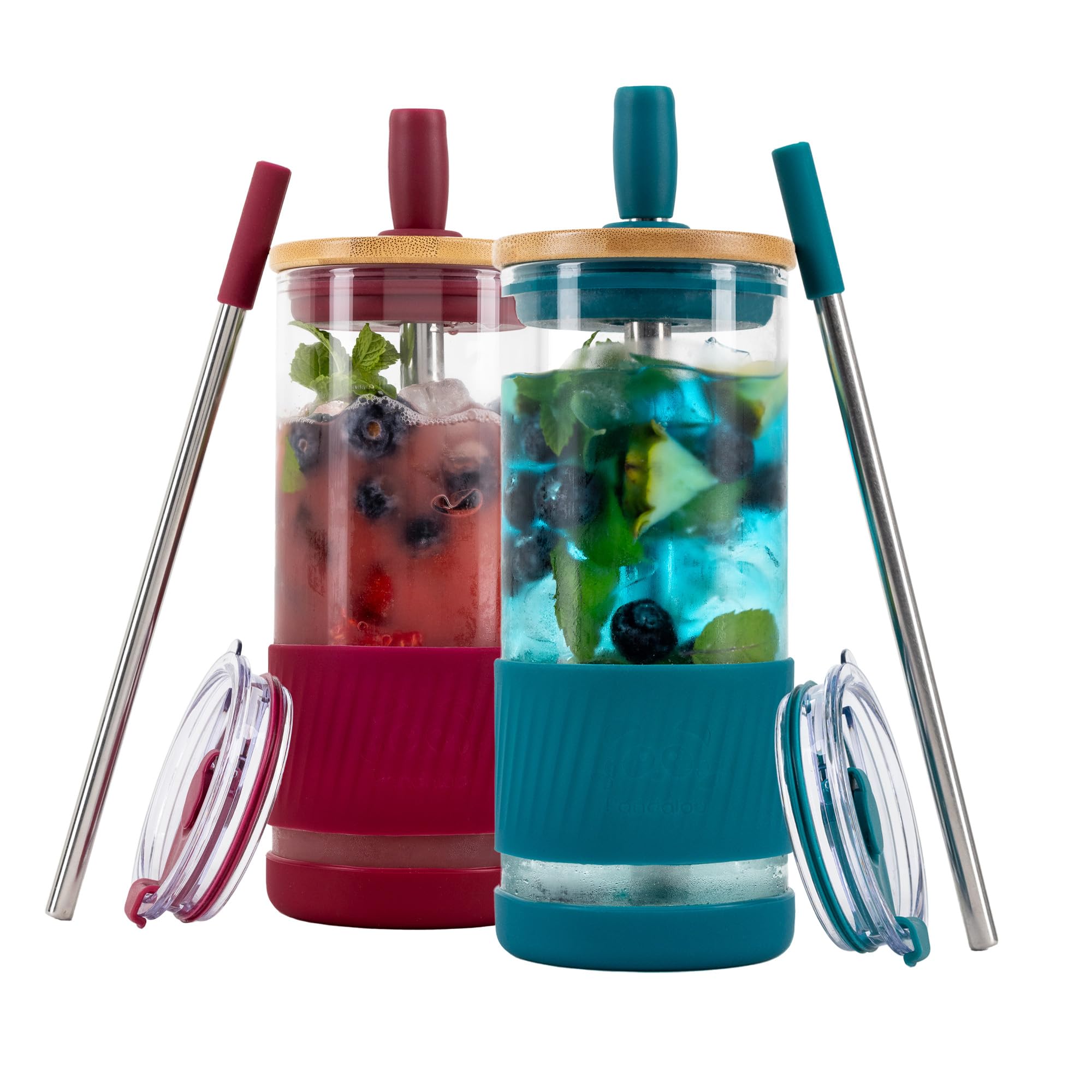 Pandaloo® Glass Cups With Lids and Straws -20 Fl Oz- Perfect Size Iced Coffee Cup - Smoothie Cup With Bamboo Lid and On the go Lid - Glass Tumbler (2 Count (Pack of 1), Boysenberry-Intense Teal)