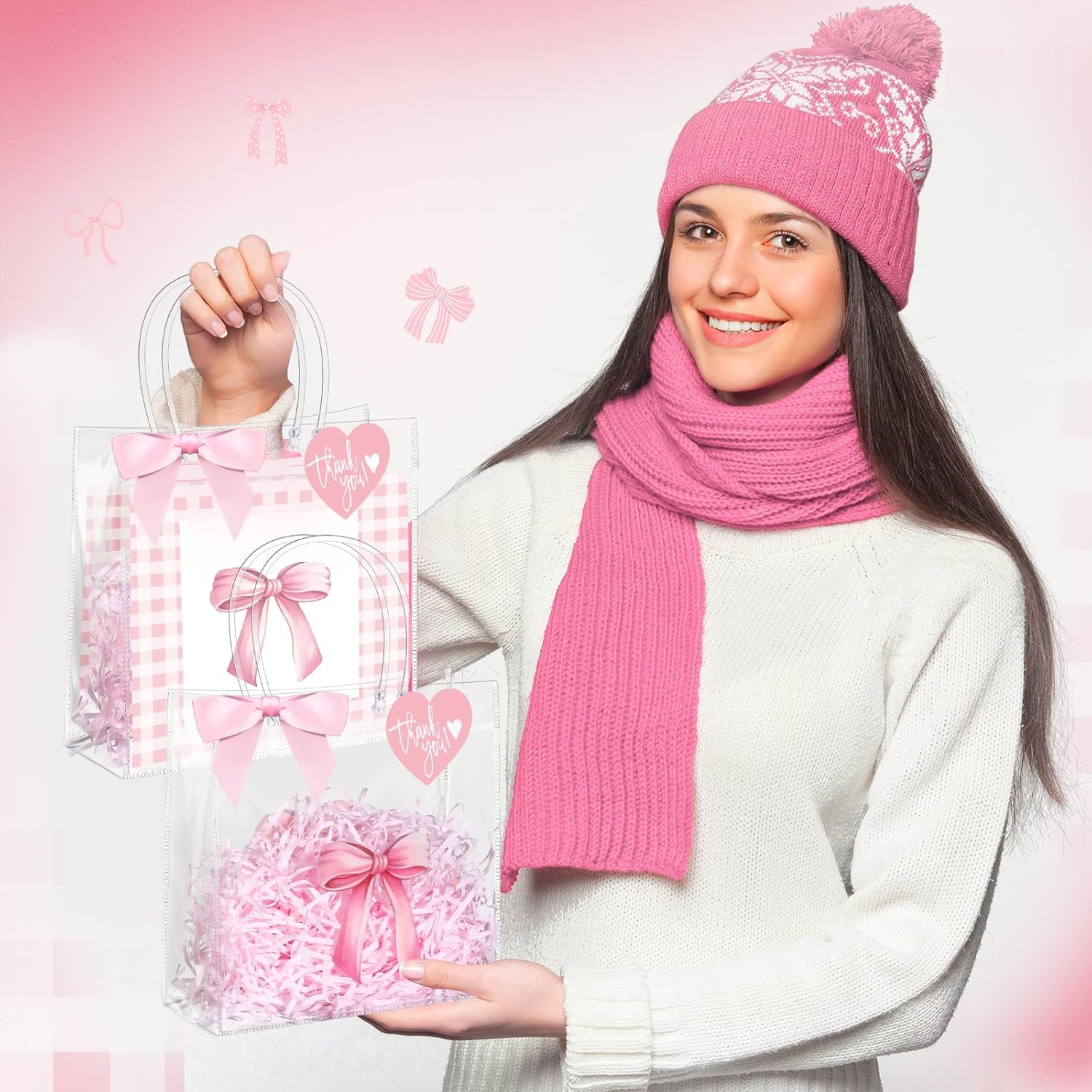 Sweetude 24 Set Pink Bow Clear Gift Bags Candy Bag with Handle 8 x 8 x 3 Inch Cute Reusable Plastic Tote Bags with Ribbon Bows for Wedding Birthday Baby Shower Party Supplies - Image 2