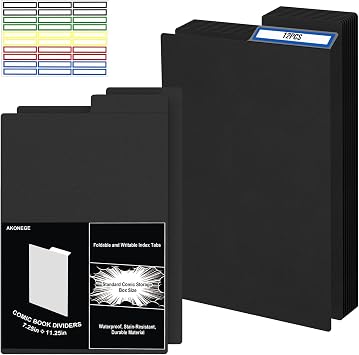 AKONEGE 12 Pack Comic Book Dividers 28PT, 11.25" x 7.25" Thick Black Frosted Plastic Book Dividers with Write-On Tabs & Stickers, Organize Boards for Comic Storage Boxes, Bins, Magazines, Fabric, File