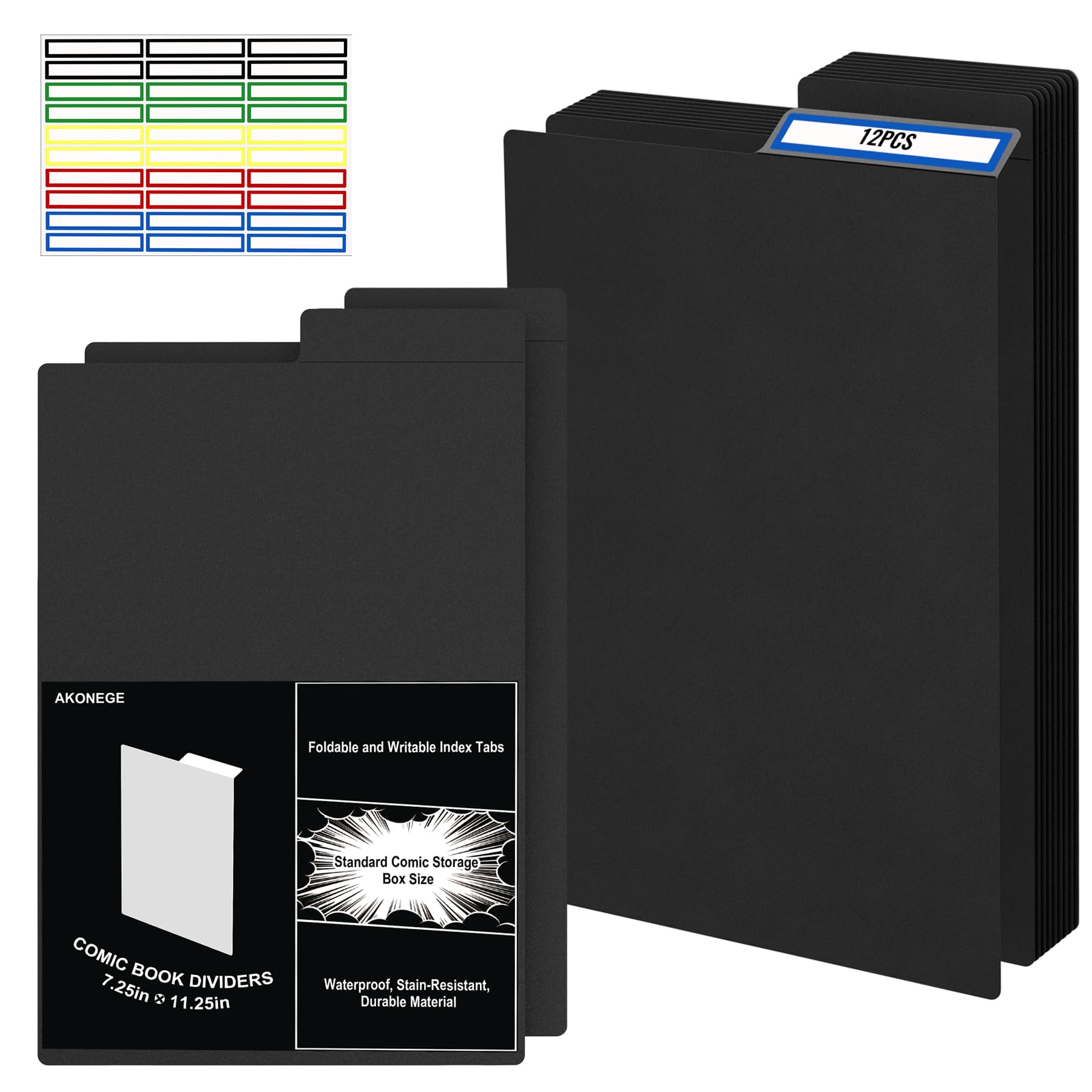 AKONEGE 12 Pack Comic Book Dividers 28PT Thick Black Frosted Plastic Book Dividers with Write-On Tabs & Stickers, 28.5x12.4cm Organize Boards for Comic Storage Boxes, Bins, Magazines, Fabric, File