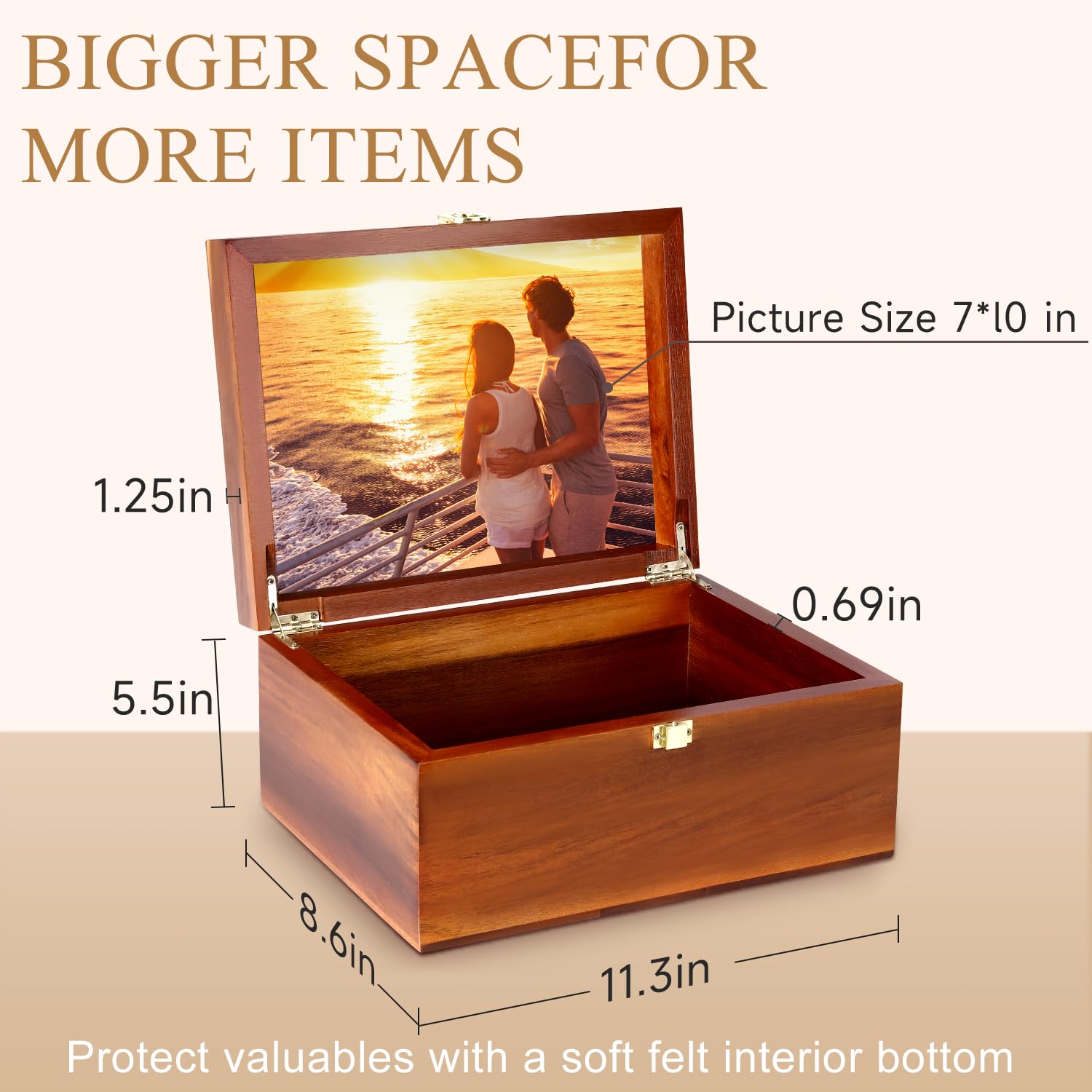 Große Aufbewahrungsbox aus Holz mit Scharnierdeckel und Fotorahmen, elegante Hochzeits-Erinnerungsbox, ideal für Fotos, Briefe, Zeitkapseln, Brautgeschenk, Liebe, dekorative Aufbewahrung
