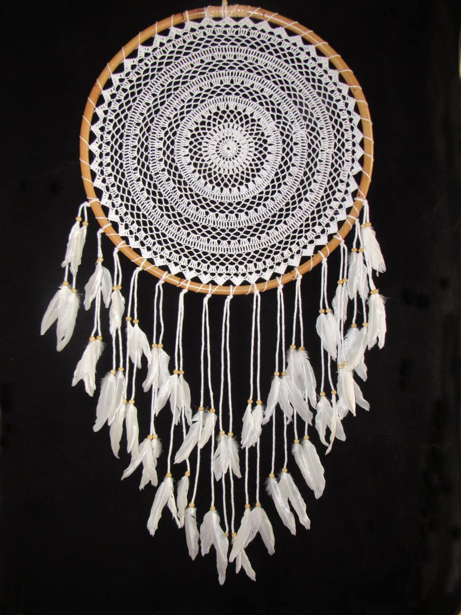 Großer Traumfänger Dreamcatcher gehäkelt weiss Ø ca 40 cm mit Bambusrahmen Wanddeko Raumschmuck Raumdeko Dekoaccessoire Mobilee-Aufhänger