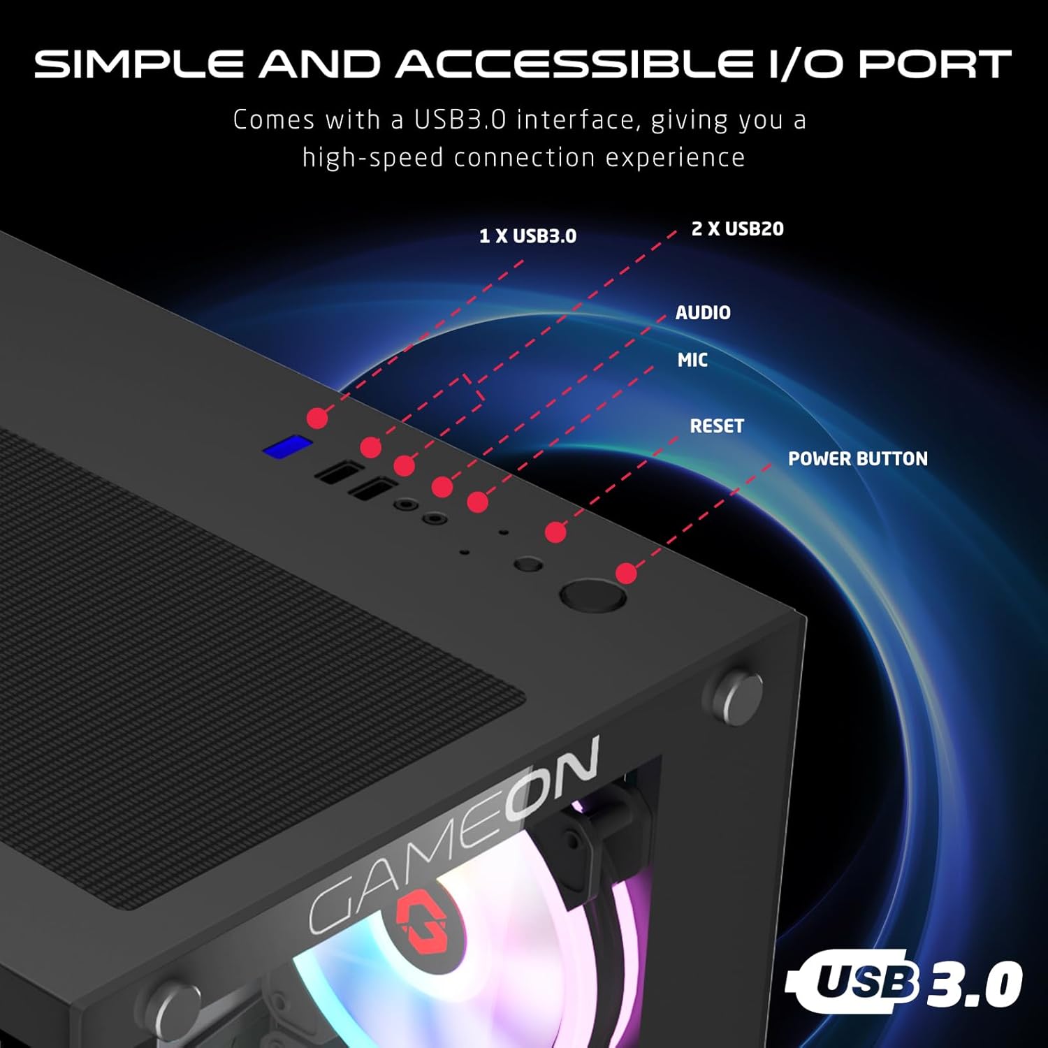 Close-up of the front I/O panel showing 1x USB 3.0, 2x USB 2.0, Audio, Mic, Reset button, and Power button.