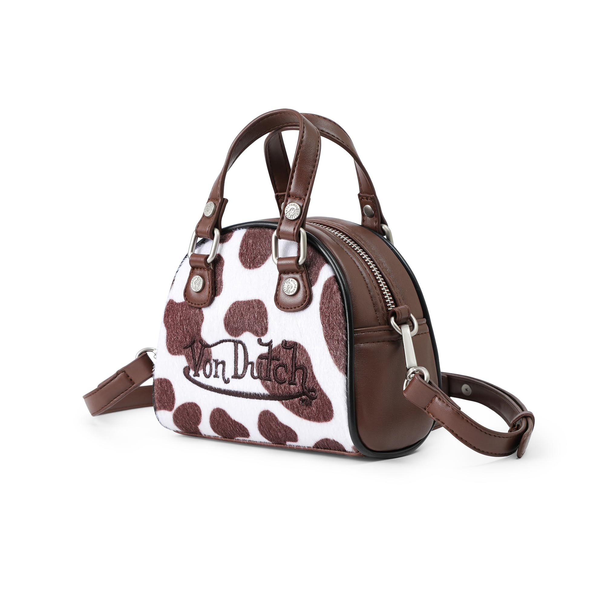 Von Dutch Mini Bowling Bag Cow Print | 6.8” Vegan Leather Crossbody with Logo Hardware, Top Handles & Zipper Pouch