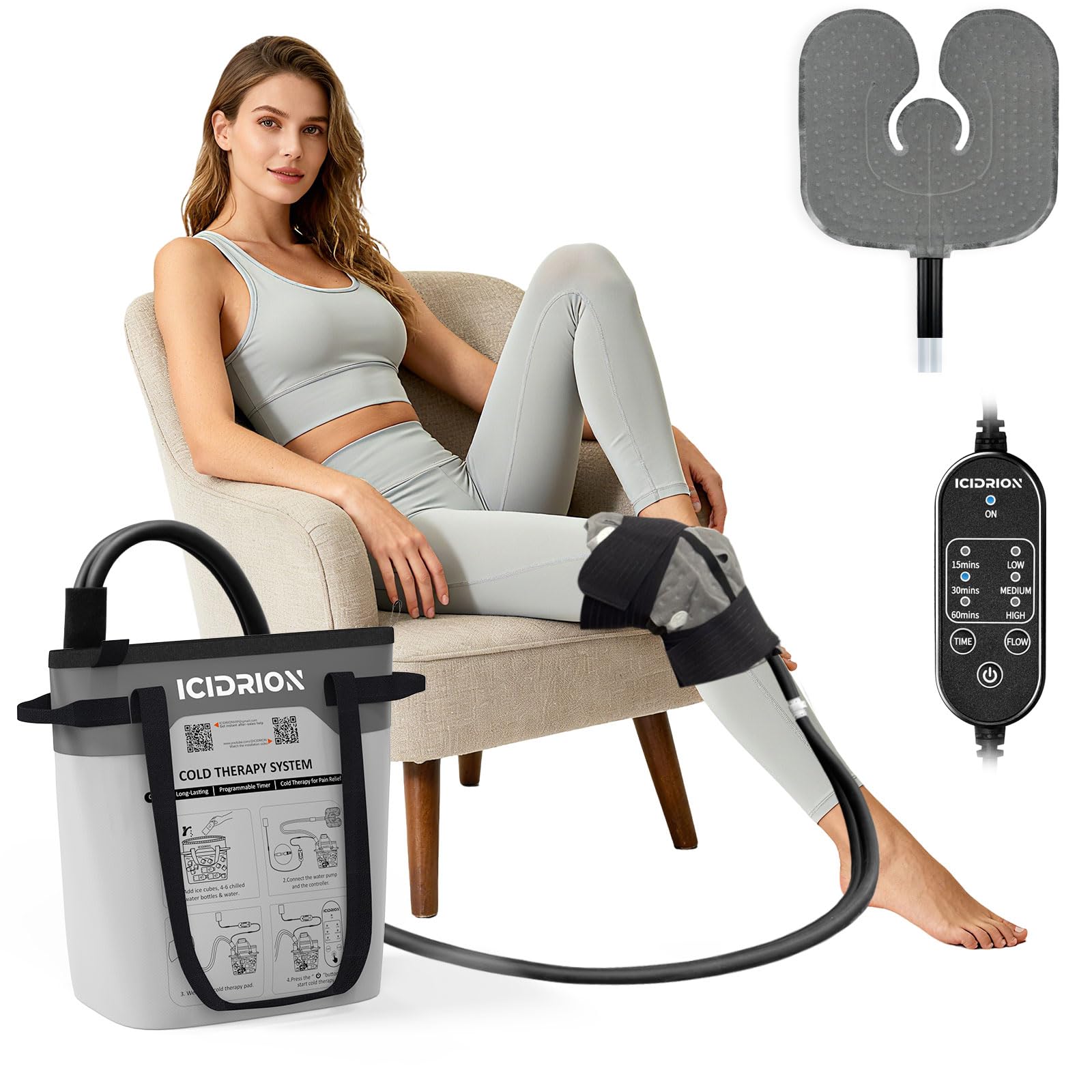 Cold Therapy Machine, Programmable Ice Machine for Knee After Surgery, Portable Knee Replacement Recovery System, Cryotherapy Pain Relief w/Compression Pad (Universal Pad+Machine)