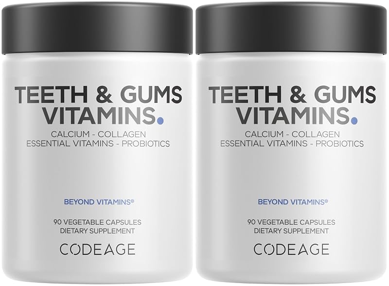 Codeage Suplemento para Cuidados Orais com Cálcio, Vitaminas D3 e K2, Colágeno e Probióticos, Pacote com 2