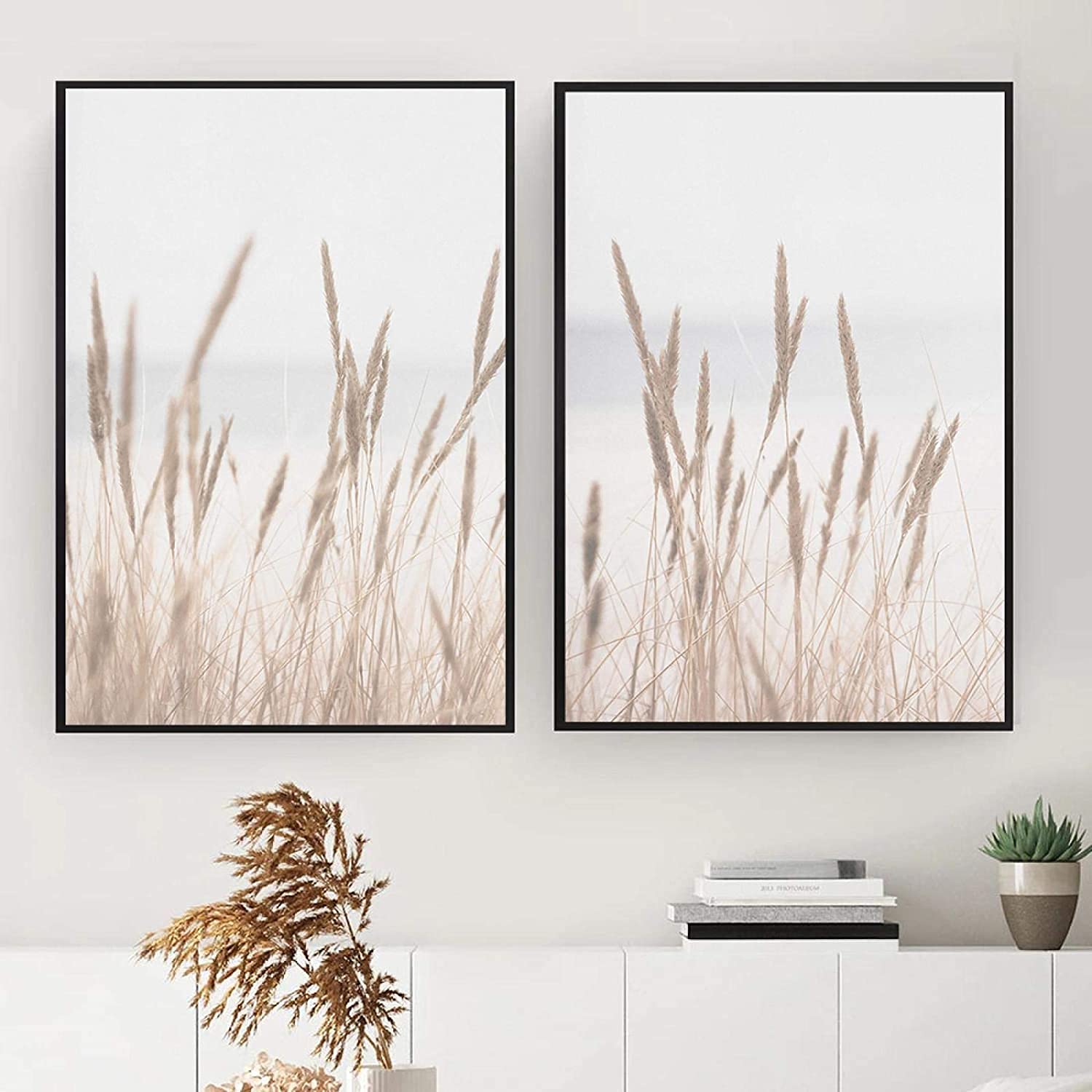 BACKYMRART Boho Wall Art 2 Pieces Pampas Grass Canvas Beige for Room decor Dried Beach Coastal Posters Minimalist Modern Home 16X24inchx2 Unframed