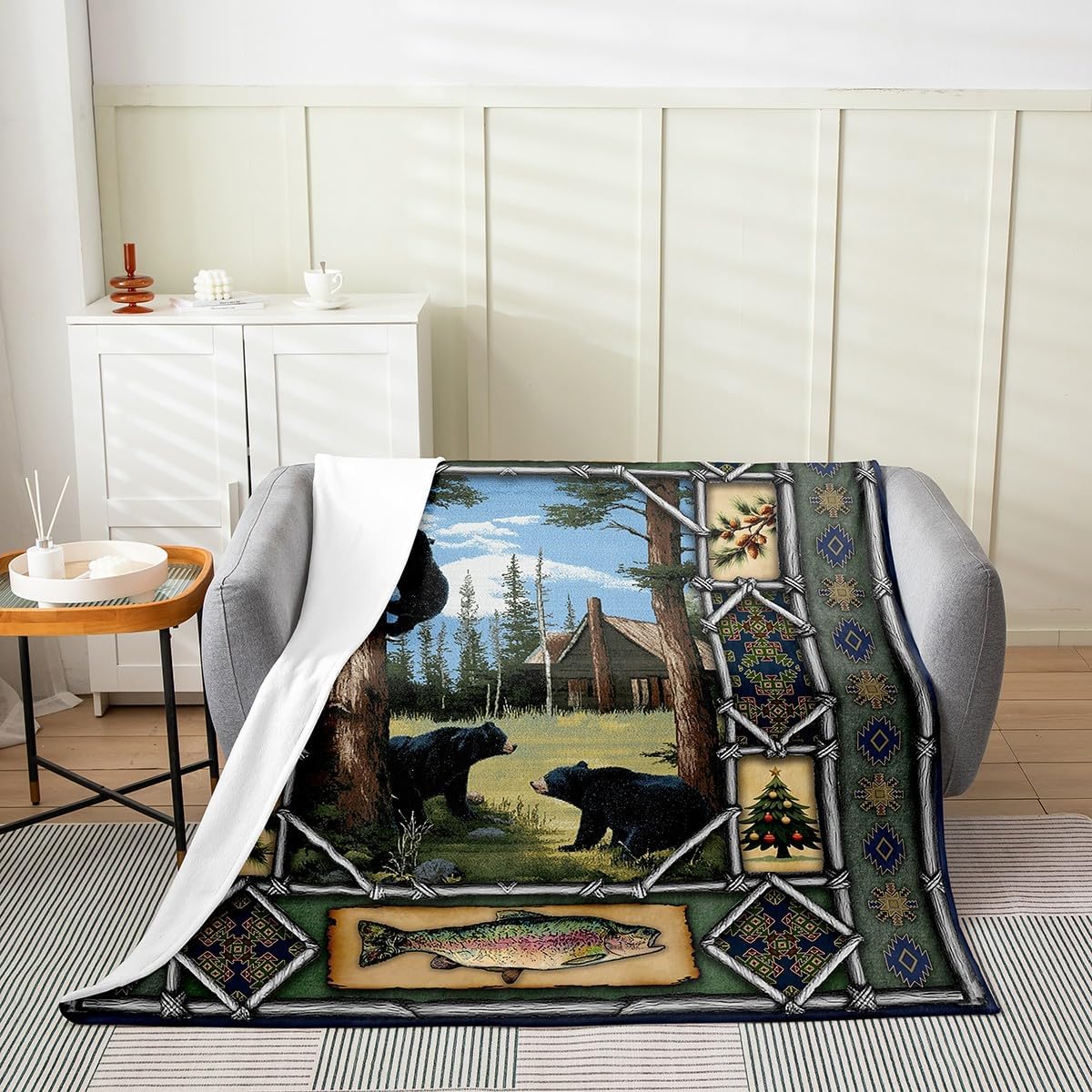 Feelyou Black Bear Fleece Throw Blanket Baby 30"x40" Lake Lodge Cabin Flannel Blanket Plush Fuzzy for Kids Boys Girls Wildlife for Bed Couch Chair Living Room Microfiber