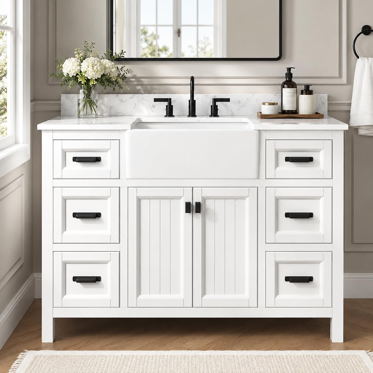 DELUXE LIVING 48 Inch Bathroom Vanity with Sink, Fully Assembled, White