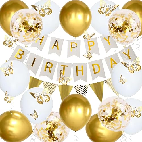 Rabbmall Decoraciones de cumpleaños doradas para mujeres y niñas, decoración de fiesta de globos blancos dorados para ella con decoración de