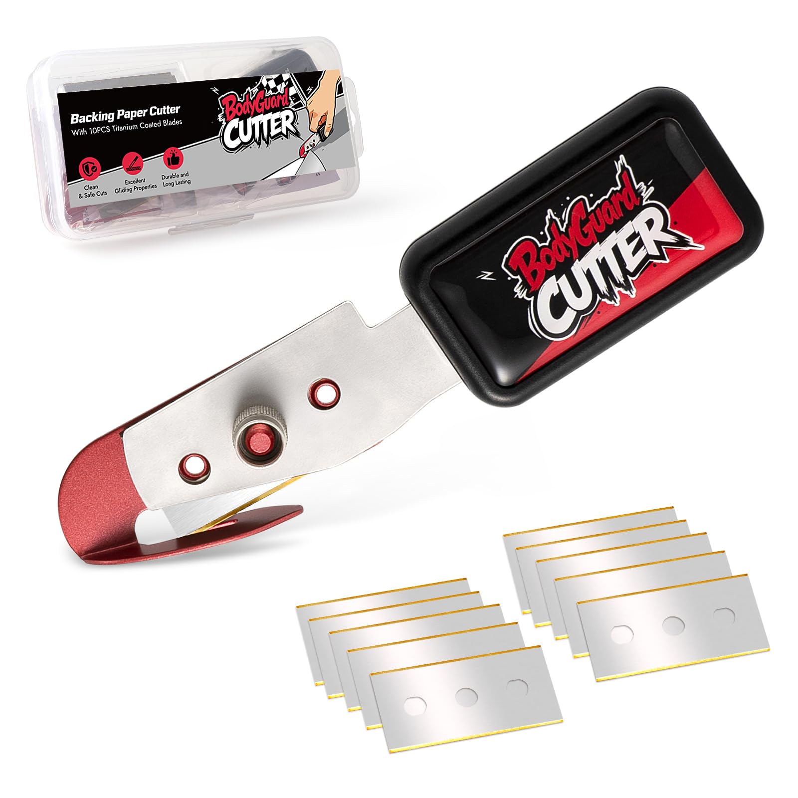 Gomake Vinyl Backing Cutter Bodyguard Vinyl Wrap Cutting Knife, Hidden Blade Wrapping Paper Roll Cutter Vinyl Cutter for Car Tinting and Backing Paper Cutter with 10 Titanium Coated Blades