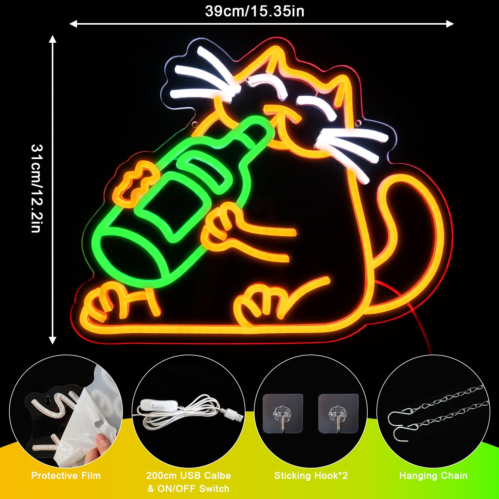 Pannello luminoso al neon a forma di gatto della birra - Decorazione da parete divertente per bar, camera da letto, grotta dell'uomo, casa, area gioco, festa per amici - Acrilico, 39 x 31 cm