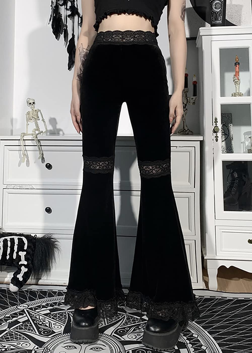Pantaloni da donna in velluto gotico vintage midi vita pantaloni punk grunge harajuku pantaloni a gamba larga Y2K Emo Alt pantaloni