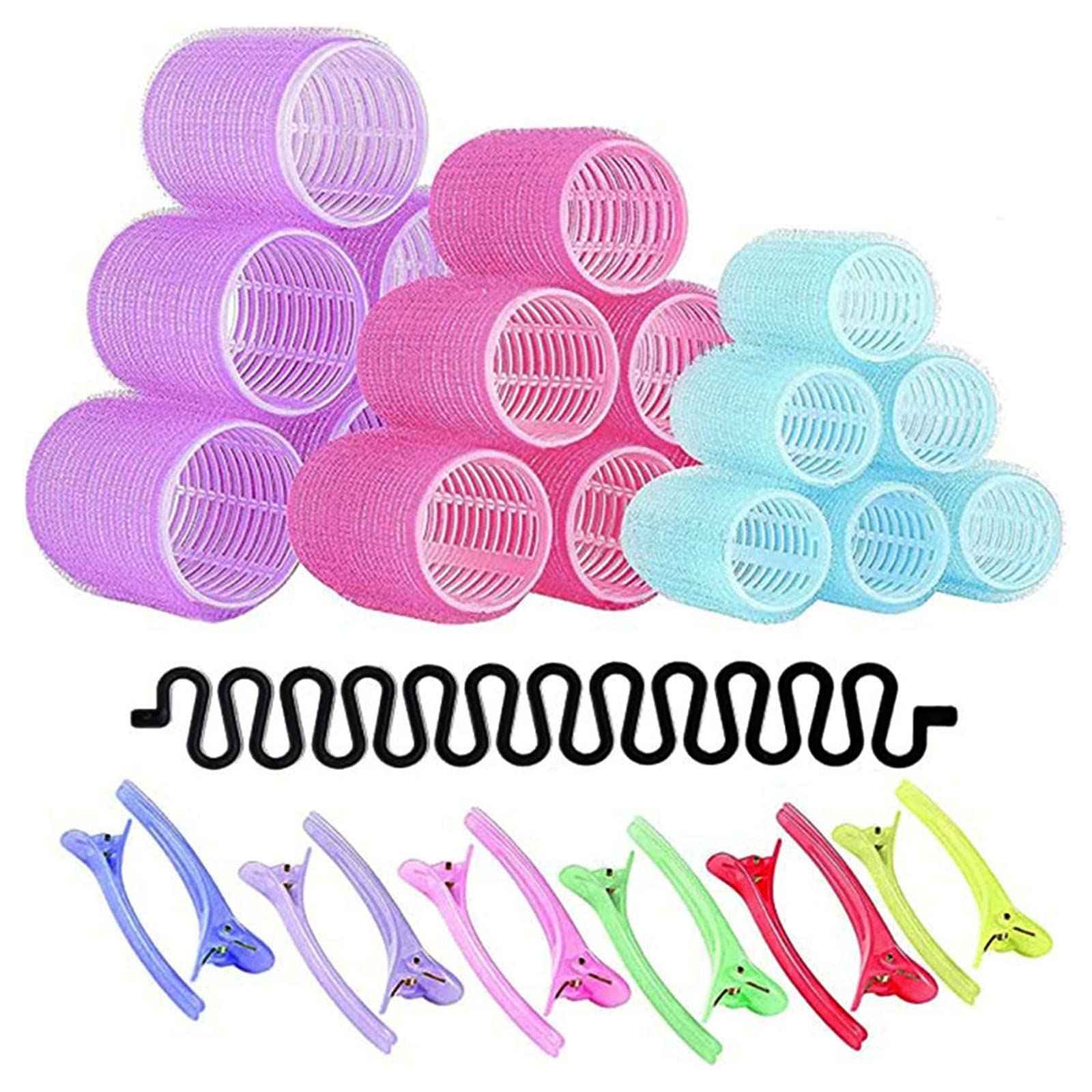 Arabest31 Pcs Hair Rollers Set, 3 Size 18 Pcs Self Grip Hair Curlers with 12 Pcs Duckbill Clips 1 Hair Braider, DIY Curly Hairstyle Jumbo Size Hair Roller Sets (6 Jumbo, 6 Large, 6 Medium)