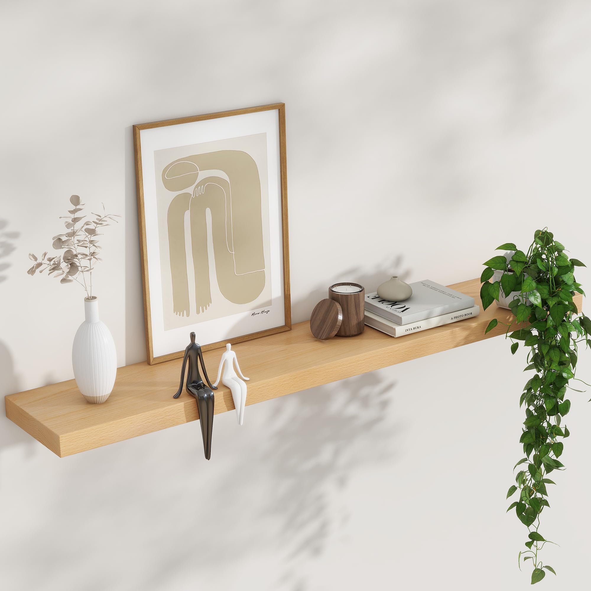 FLYJOE Floating Shelves for Wall, USA-Sourced Beech Wood 48 Inch Long Wall Shelves, Natural Wooden Mounted Picture Ledge Shelf, Nursery Book Storage Shelf Kids Bookshelf, Display Shelf for Bathroom
