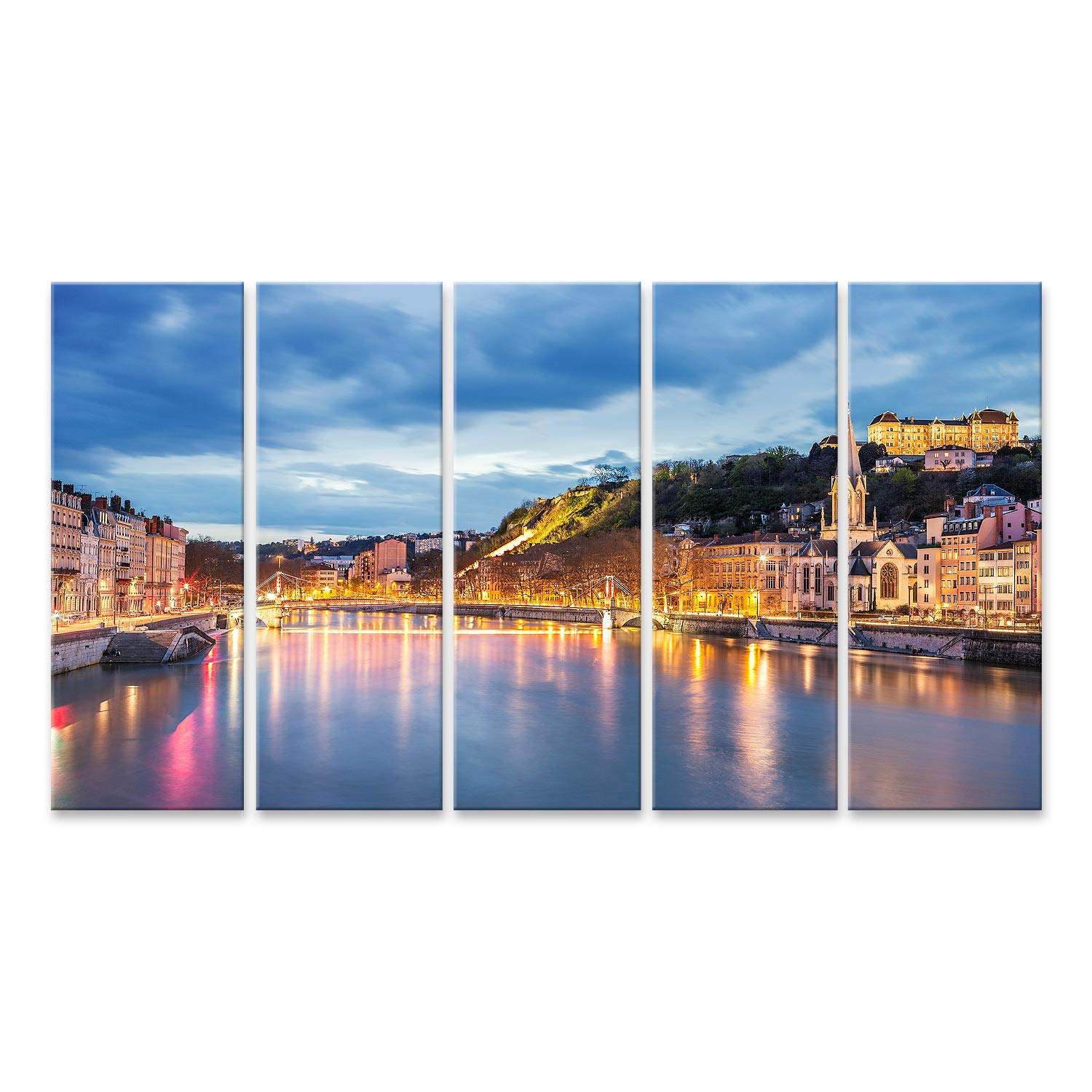 islandburner Quadro su tela con vista Saone Fiume Lione, città di sera, Francia, poster artistico
