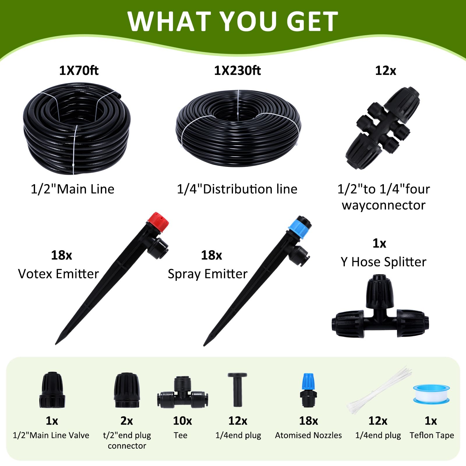 Kit di irrigazione a goccia da 90 m, sistema di irrigazione automatico da giardino, con tubo da 2,5 m, tubo di distribuzione da 6,3 m e accessori per giardino, prato, serra, piante, aiuola