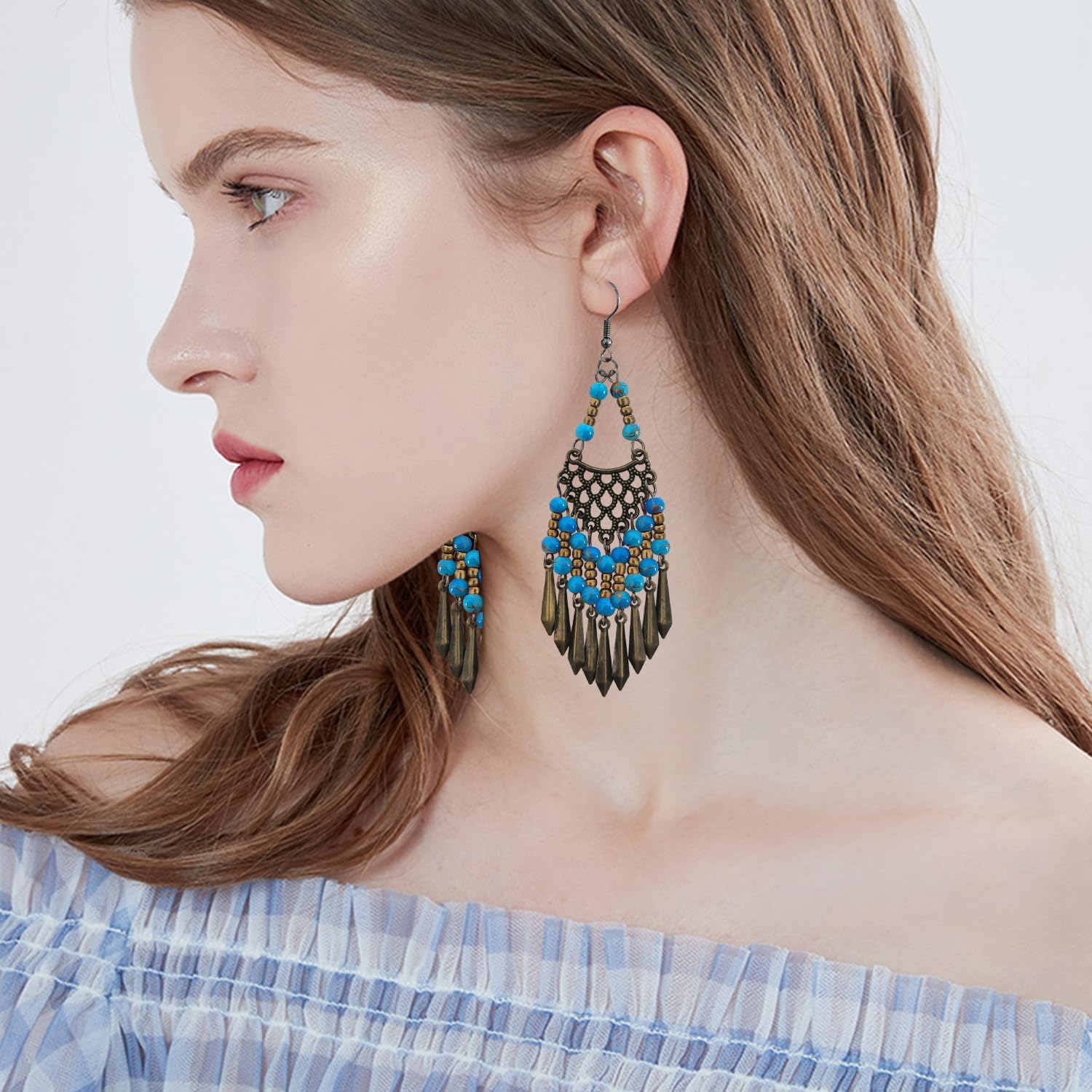 Handmade Vintage Bronze Bohemian Long Tassel Colorful Bead Dangle Drop Earrings Big Tribal Chandelier Geometry Hook Earrings for Women Statement Jewelry Gifts - Image 5