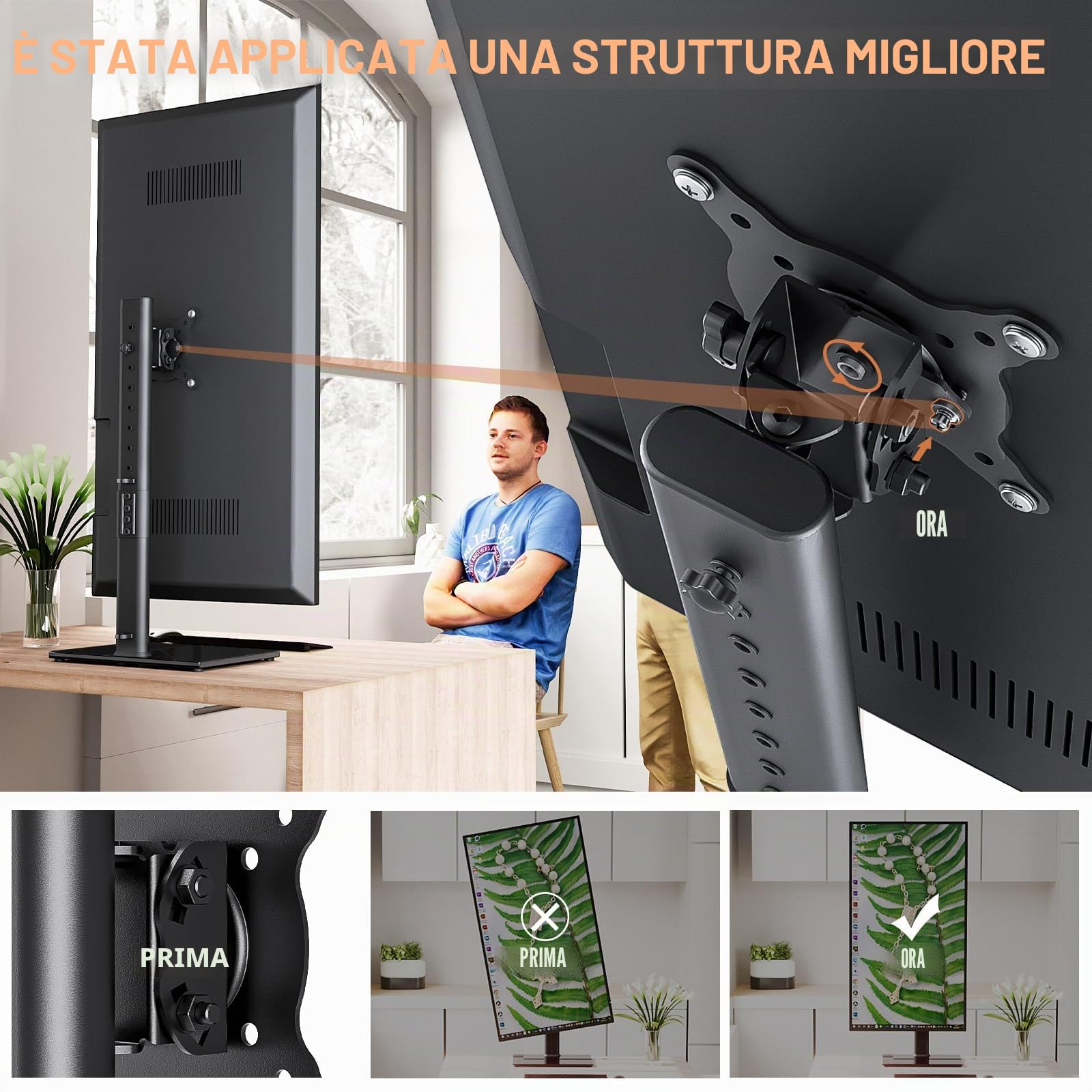 Hemudu Supporto Singolo per Monitor da 27 a 43 pollici, Alto Supporto Monitor da Scrivania con Base Regolabile, Monitor Braccio fino a 35kg con girevole ± 45 °
