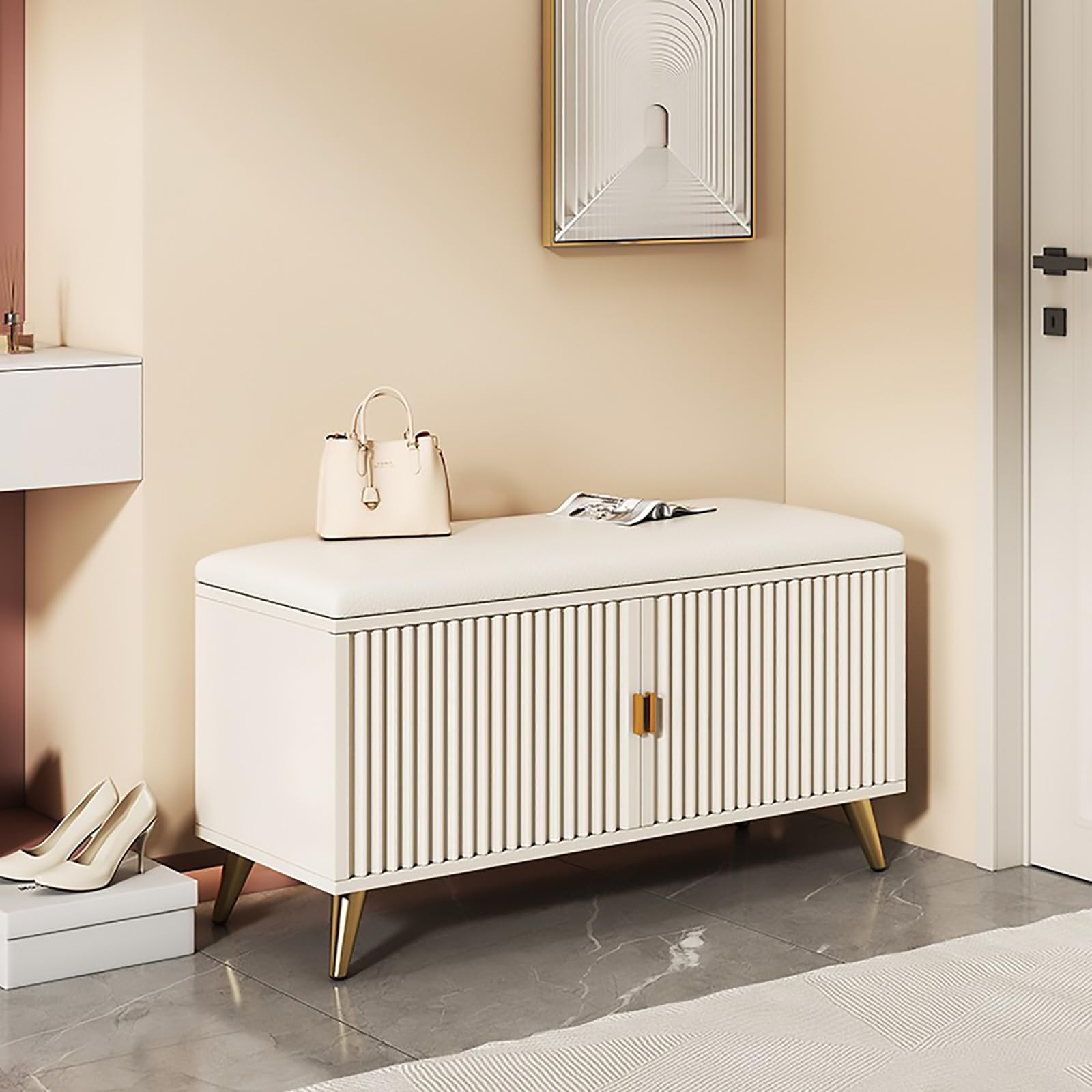 GDMDPTE Shoe Storage Bench with Cushion Seat Entryway nizer with 2 Doors & Adjustable Shelves Hidden Shoe Rack for Hallway White Gold (90cm)