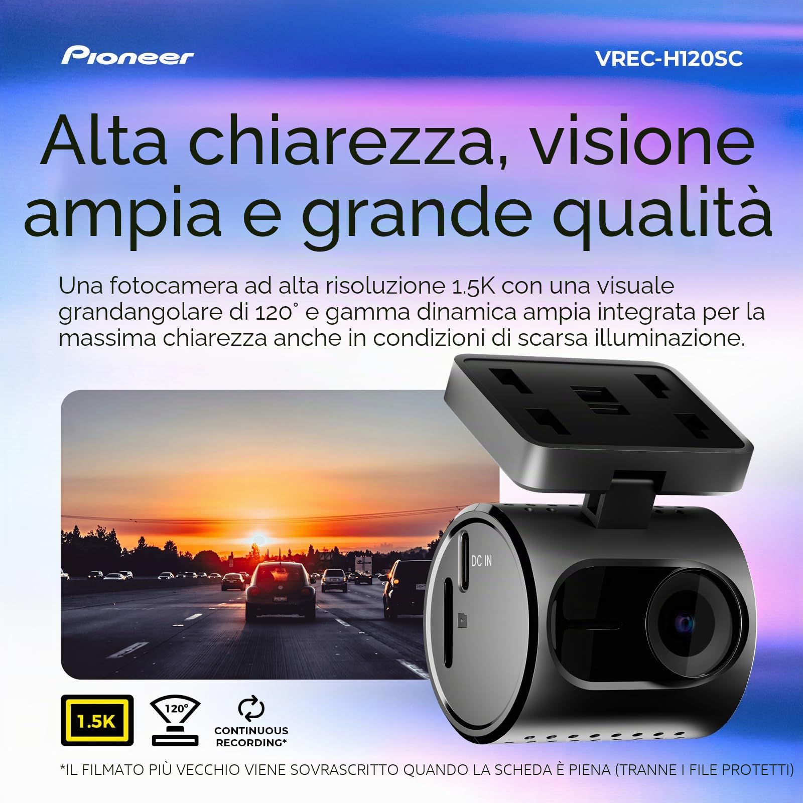 Pioneer VREC-H120SC - Telecamera da cruscotto compatta, discreta risoluzione 1,5 K per auto con rilevamento degli impatti, copertura grandangolare a 120 gradi, WiFi integrato, app Companion, USB-C