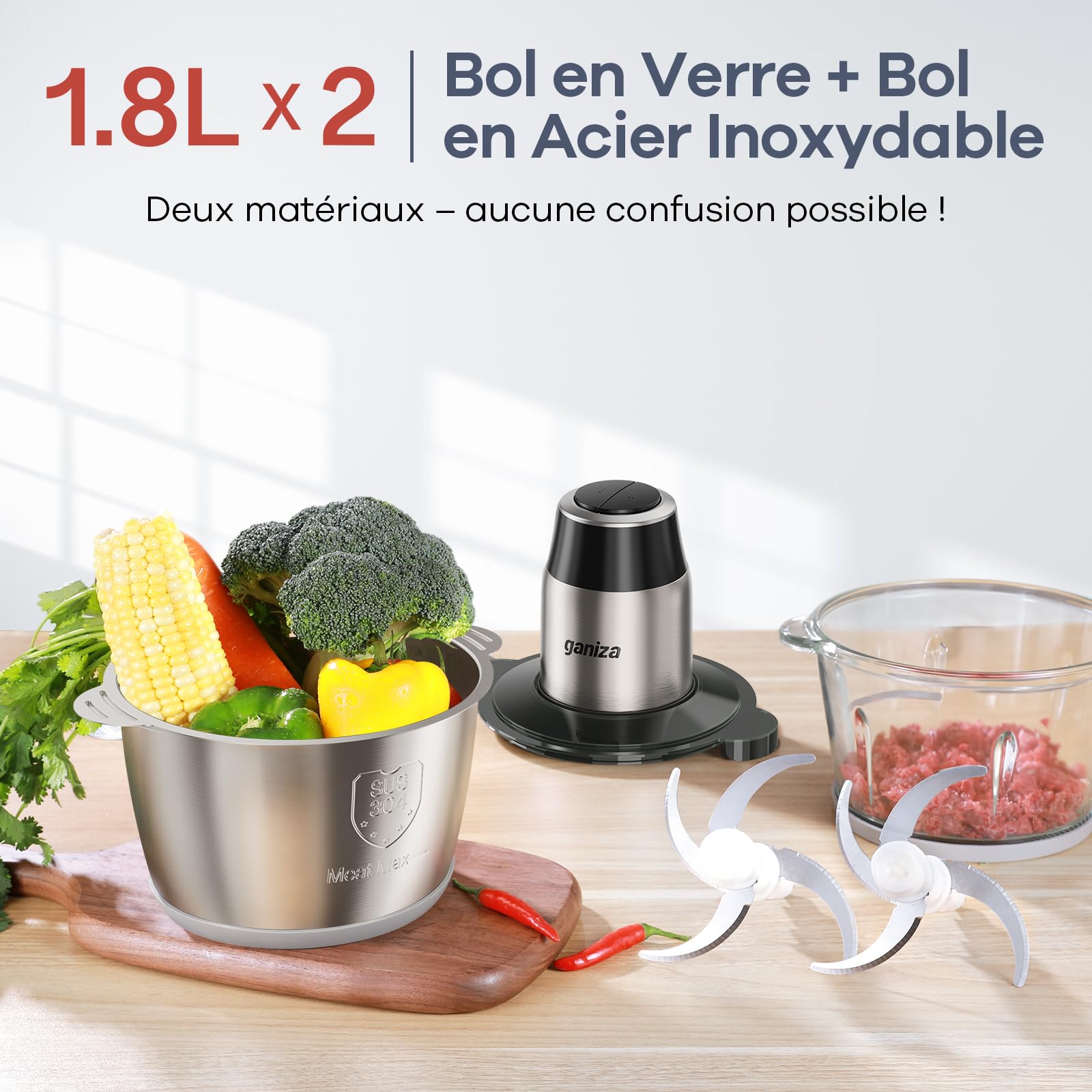 Ganiza Hachoir de Cuisine Électrique 500W, Robot Hachoir avec 2 Bols 1,8L + 1,8L, 2 Doubles Lames, 2 Vitesses, Mini Hachoir Électrique pour Viande, Légumes, Noix
