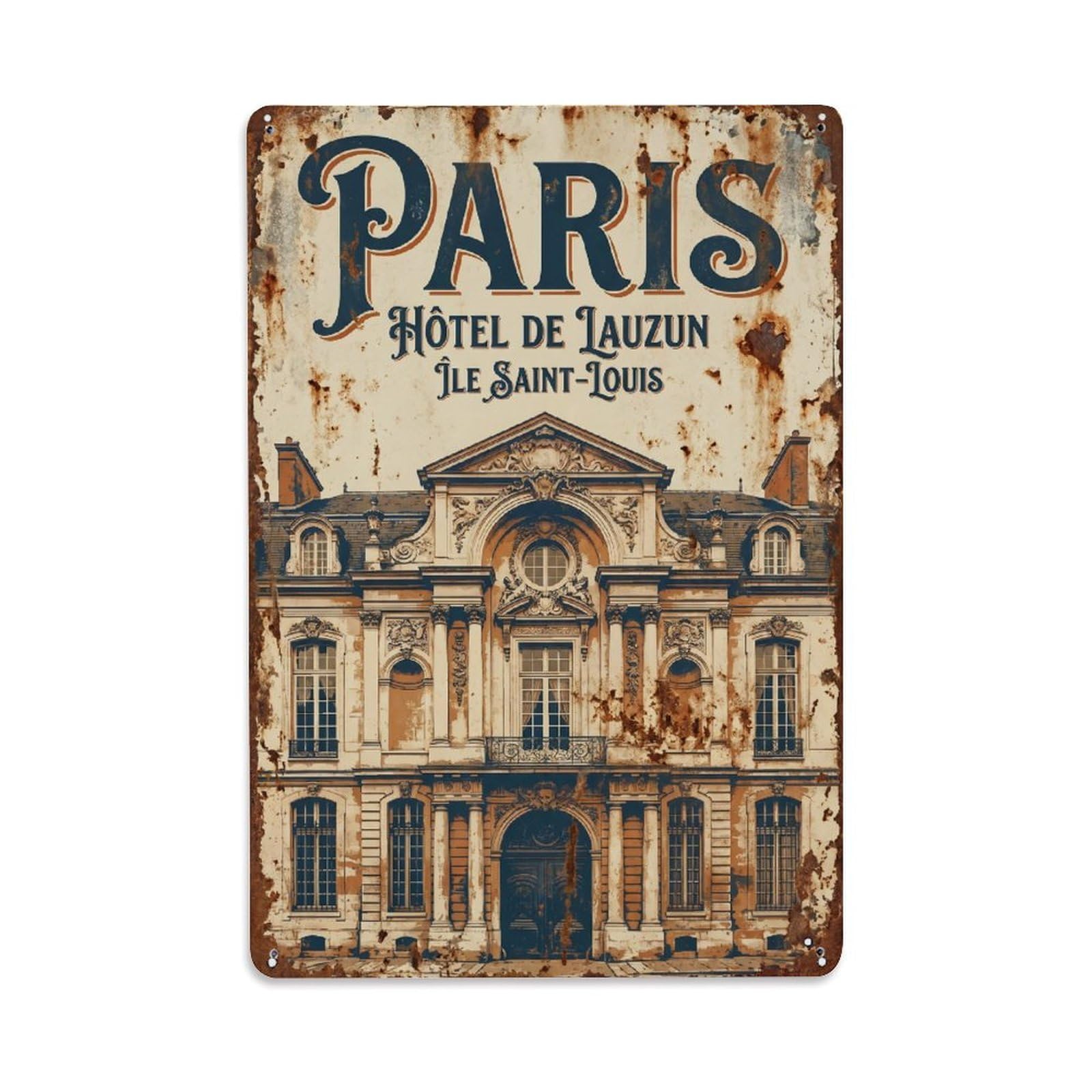 Vintage Travel Paris Hôtel De Lauzun Island Mansion Rusted France Metal Tin Sign Plaque Wall Decor for Cafe, Club Bar, Office, Home Garden Metal Poster 8x12Inch
