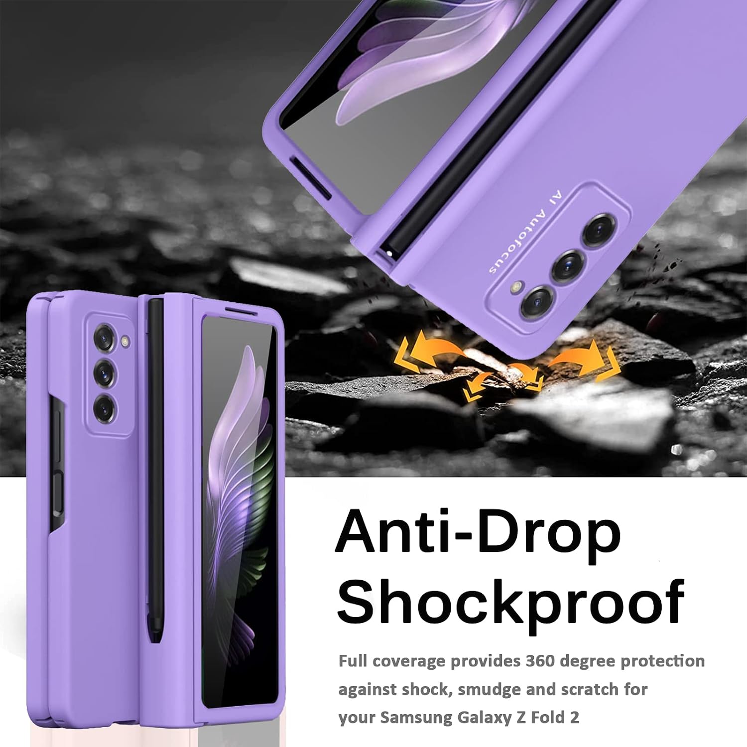 Miimall Compatible for Samsung Galaxy Z Fold 2 Case Hinge with S Pen, Hinged+Stylus Pen+Pen Holder+Tempered Glass Screen Protector, Full Coverage Ultra-Thin Bumper Case for Galaxy Z Fold 2(Violet)