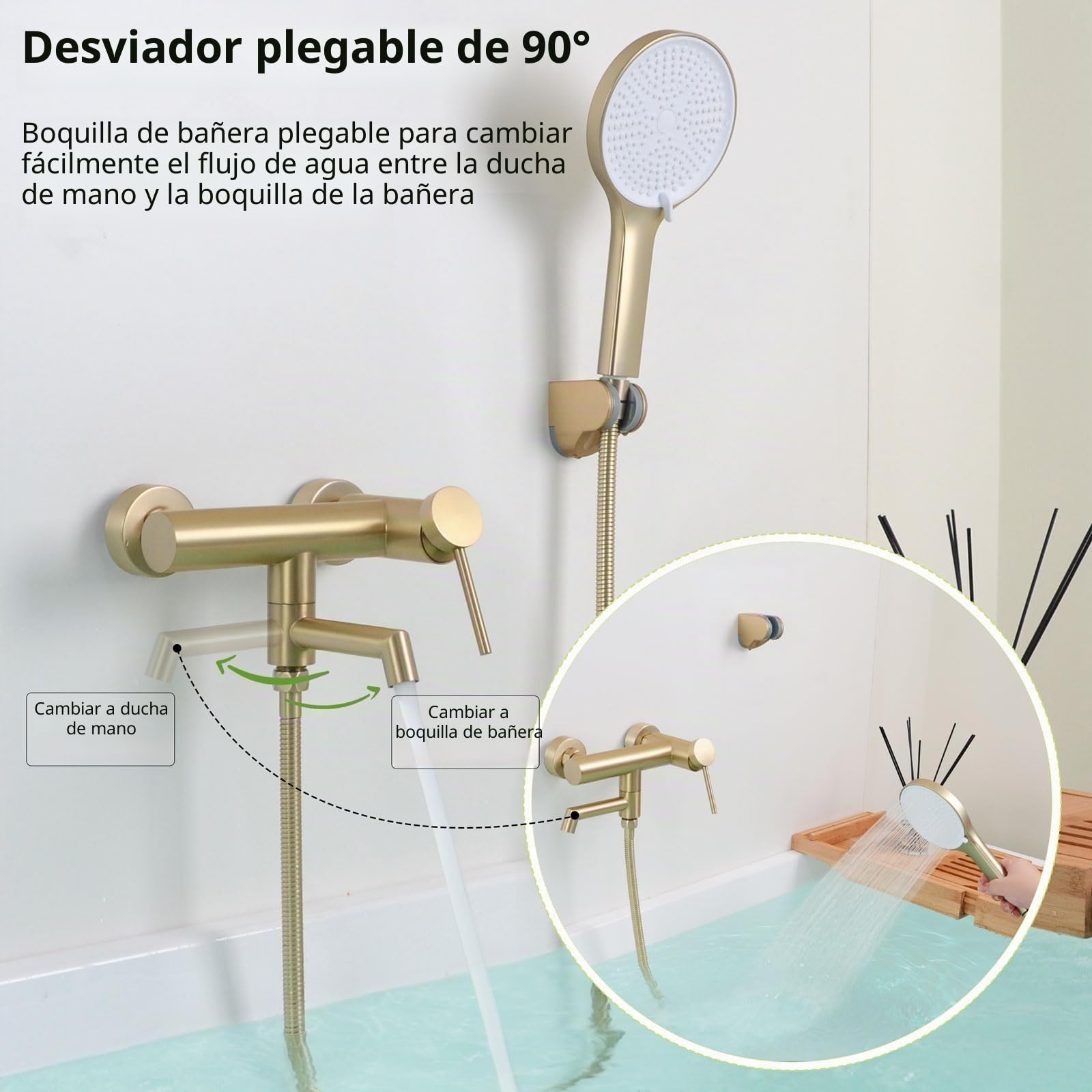 Grifo de Bañera Monomando Ducha Montado en Pared Dorado Cepillado