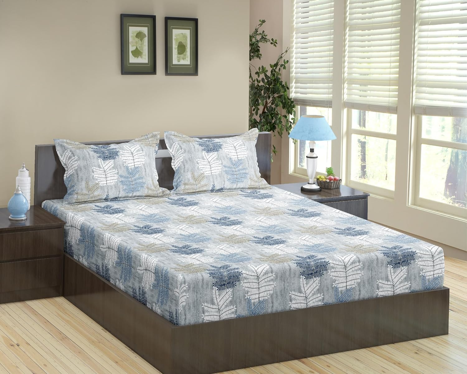 Trance Home Linen 100% Cotton 180Tc 78"X60" Standard Queen Size Elastic Fitted Bedsheet|Printed Queen Bed Size Elasticated Fitted Bedspread With 2 Pillow Covers(Queen 78X60 Inch,Ferns Blue),180 TC (B0CP9743B5) Amazon Price History, Amazon Price Tracker