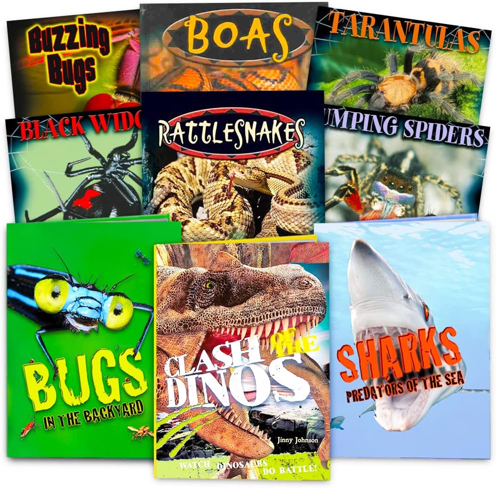 Know-It-All Educational Nature Books for Kids Toddlers -- Assorted Set of 9 Books About Wild Animals (Sharks, Spiders, Dinosaurs, Snakes, More)