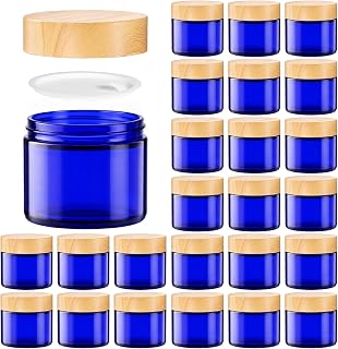 24 Pack 2 oz Blue Glass Cosmetic Jars with Woodgrain Lids | Refillable Travel Containers for Creams, Lotions, Body Butter, Makeup, Leakproof, Reusable Small Sample Jars for Homemad