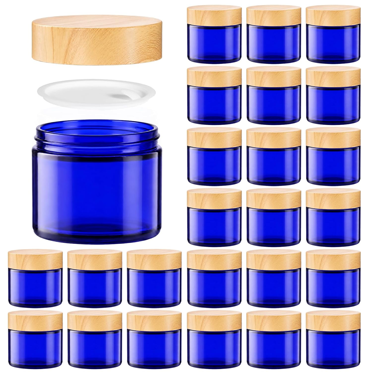 24 Pack 2 oz Blue Glass Cosmetic Jars with Woodgrain Lids