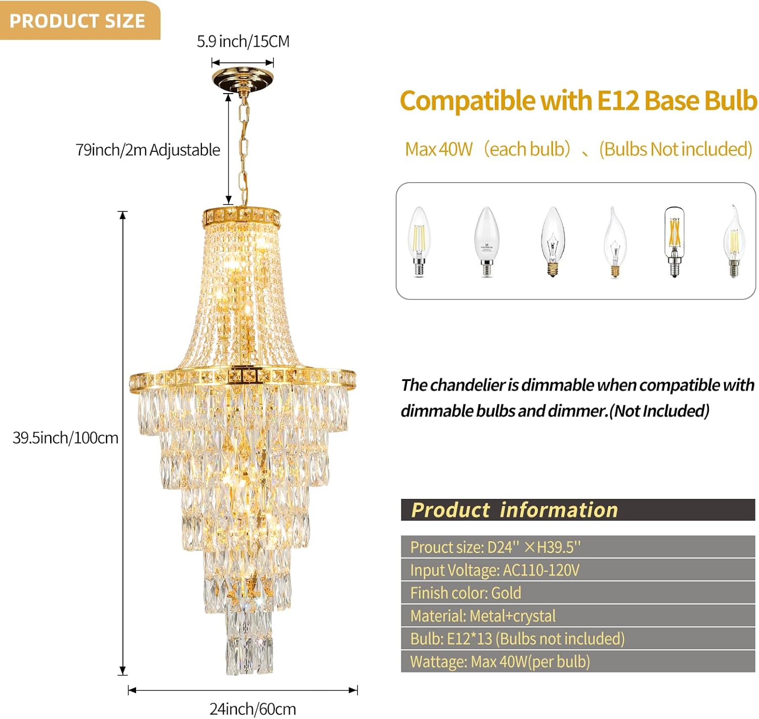 24'' Gold Crystal Chandeliers for Dining Room, Modern Foyer Long Chandelier for High Ceiling, 13-Light Luxury K9 Crystal Pendant Light Fixtures for Kitchen Island Living Room Staircase Entryway