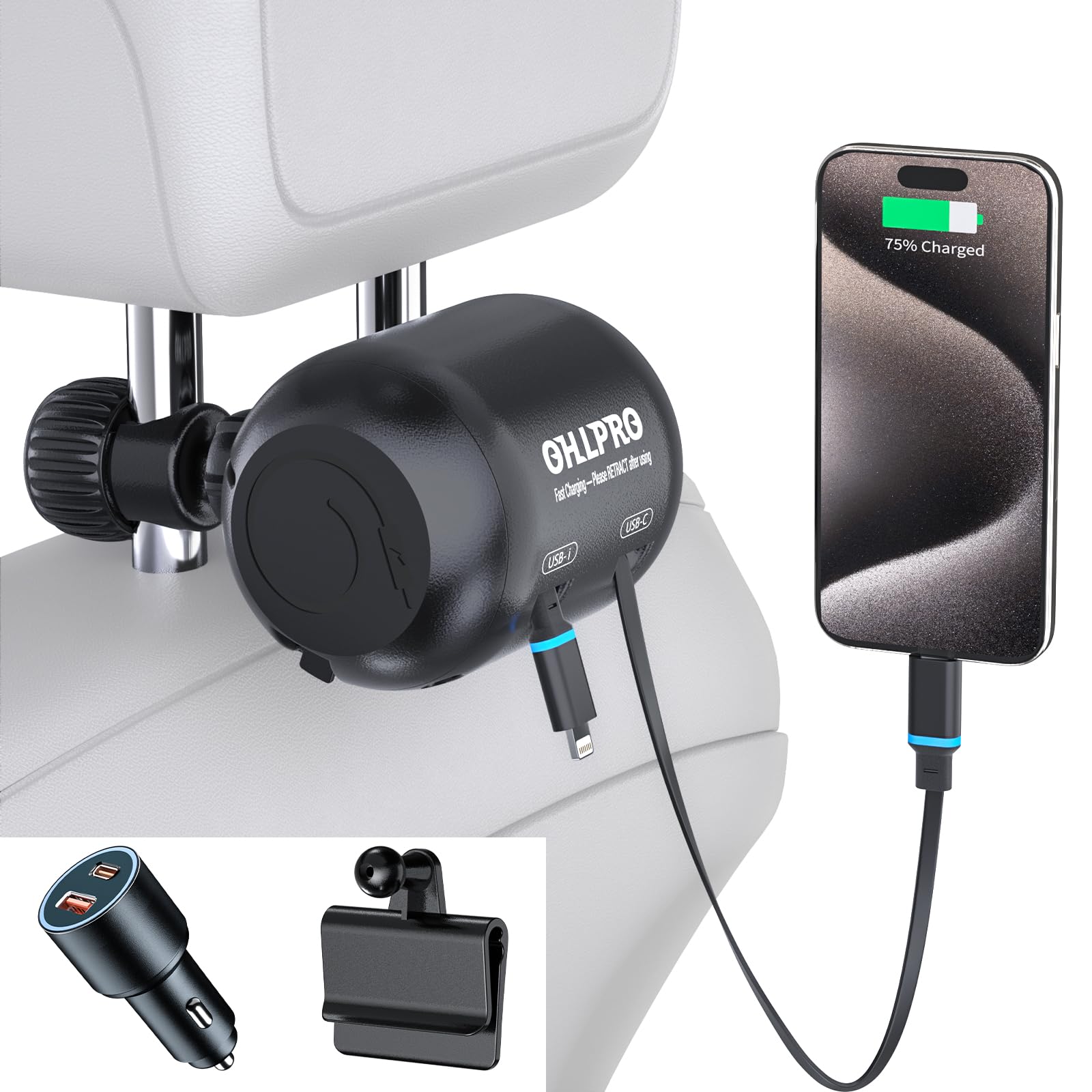 OHLPRO Multi Car Retractable 2 in 1 Backseat Car Charging Station Box with QC 3.0 Adapter, 50W Type-C/Lightning Car Charger for All Cars(Including Tesla) Chargers for Lyft Uber Driver and Passengers
