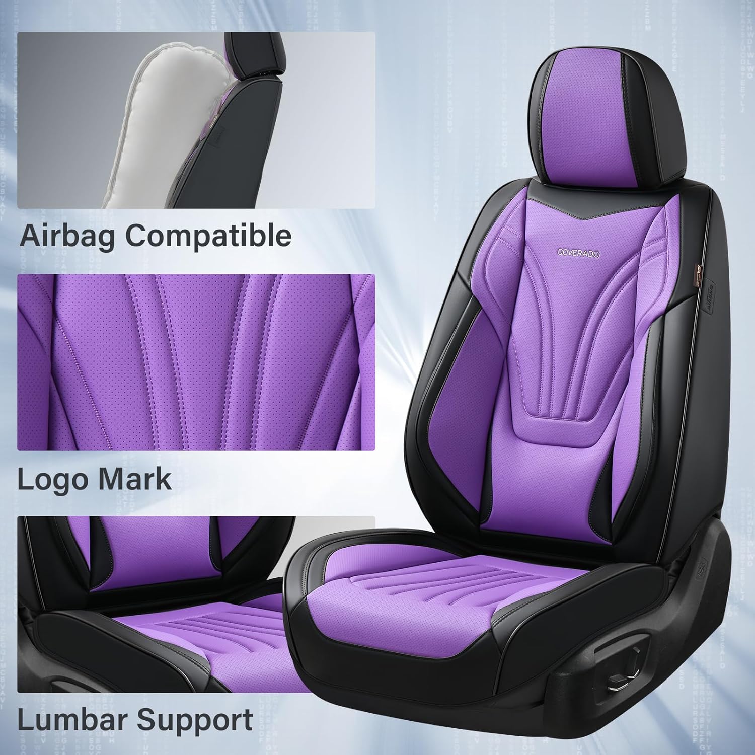 Coverado Car Seat Covers Full Set, 5 Piece Car Seat Protector with Lumbar Support & Removable Headrest, Breathable Leather Front Rear Seat Cushion Universal Fit for Truck Automotive Purple