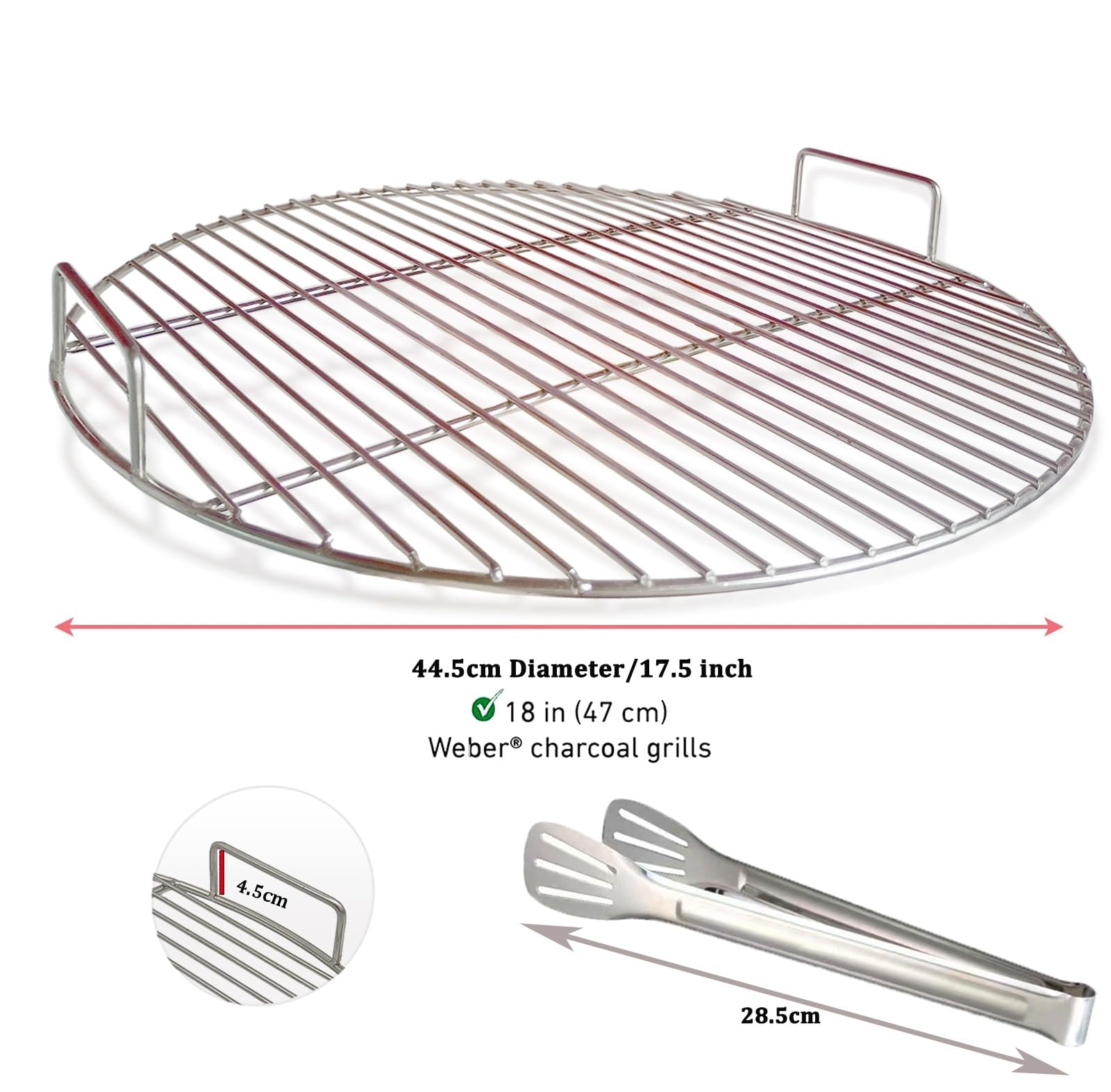 Runde 304 Edelstahl Grillroste mit Grillzange, 44.5 cm Durchmesser, passend für Weber 47cm Kugelgrill, Holzkohle Grill, tragbares Grillzubehör