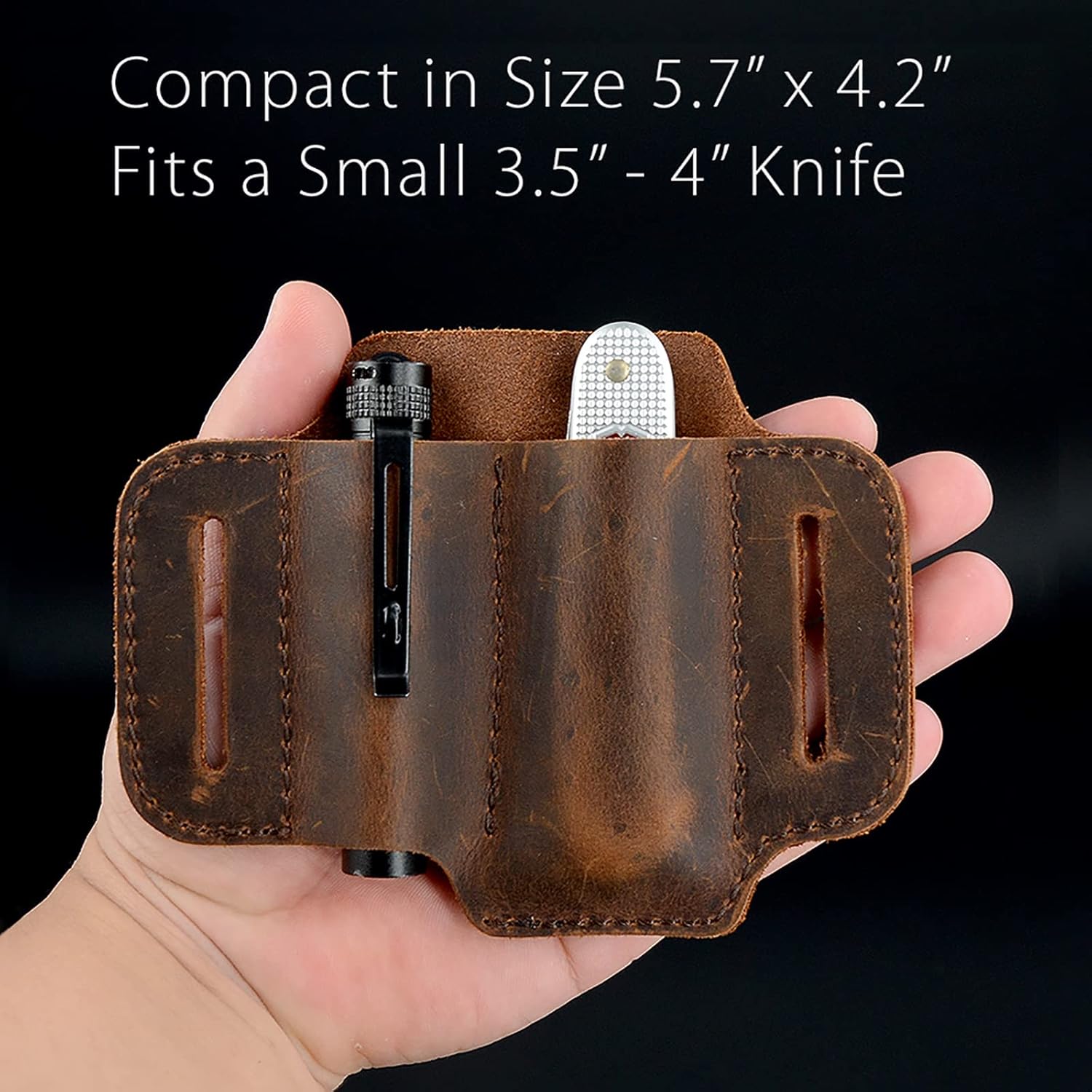 EDC Leather Knife Belt Sheath Tool Pouch, Small Tools Organizer, Fit Most 3.5" -4" Victorinox Knives, Fit 0.6" Wide Flashlights, EDC Holster, EDC Gear Carrier, Premium Leather. Chestnut.