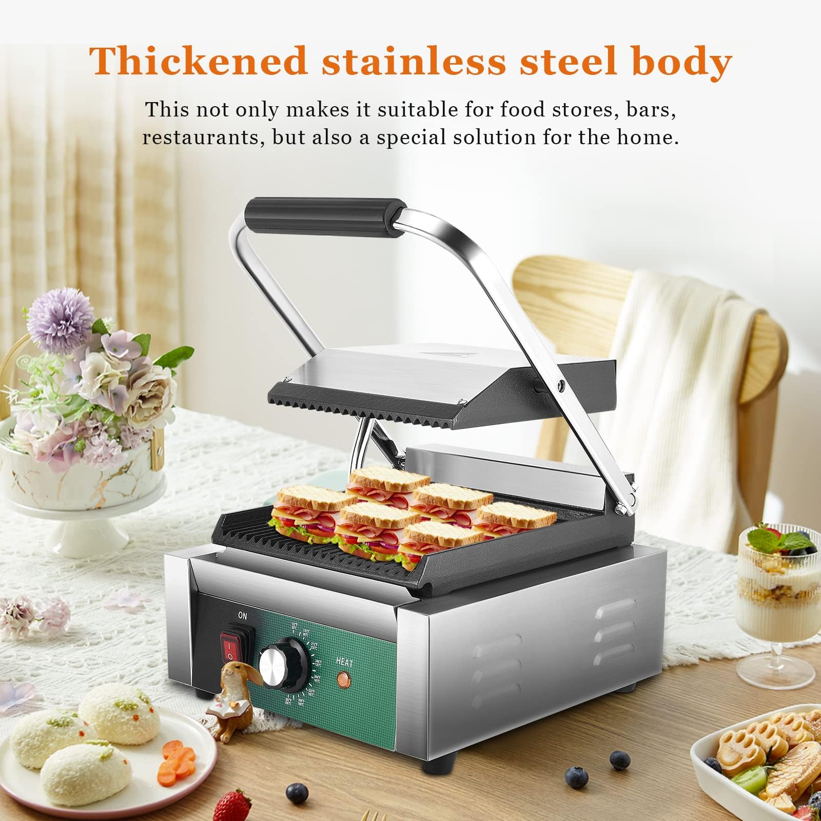 Commercial Panini Grill, 2200W Electric Sandwich Maker, Stainless