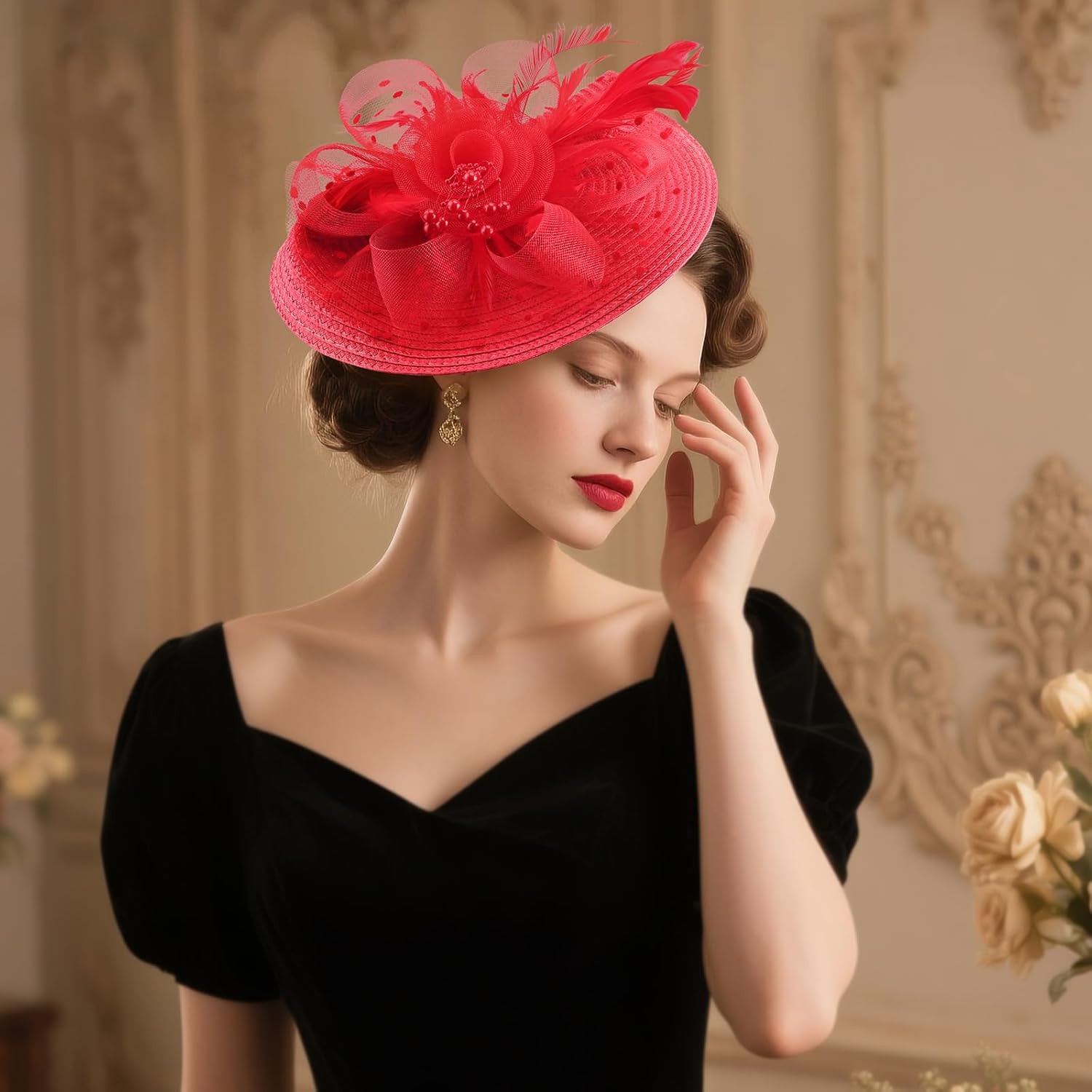 DRESHOW Fascinators Hat Flower Mesh Feathers Hat with a Headband and a Clip 7.9" Tea Party Headwear for Women - Image 2