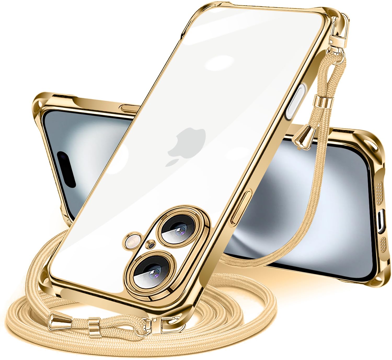 NISIILNG iPhone 16 用 ケース クリア ショルダー iPhone16 スマホケース アイフォン16 カバー 肩掛け 斜めかけ 縄掛けケース 透明 薄型 軽量 耐衝撃 TPU ストラップ付き 紐付き 斜めがけ 織りストラップ付き ネックストラップ ショルダー 縦/横 2WAY 長さ調整可能 取り外し可能 落下防止 紛失防止 (ゴールド)